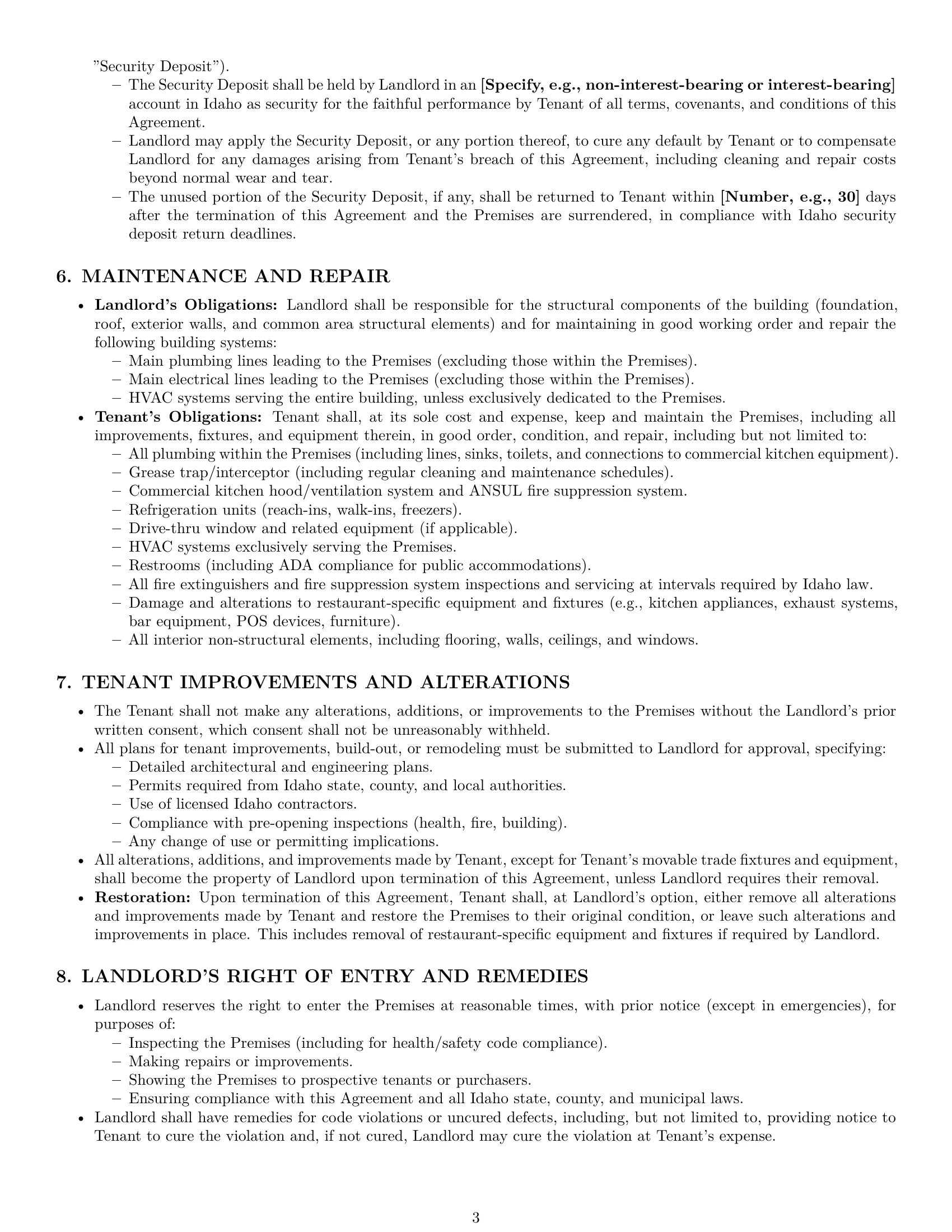 Preview page 3 of Pro Idaho restaurant lease agreement template