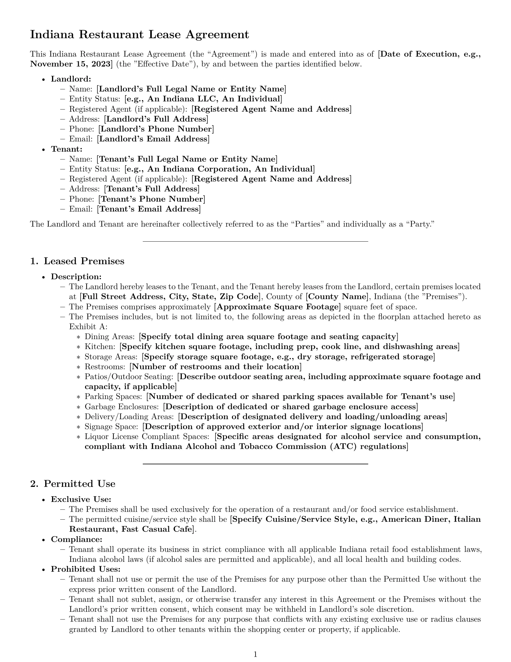 Preview page 1 of Pro Indiana restaurant lease agreement template