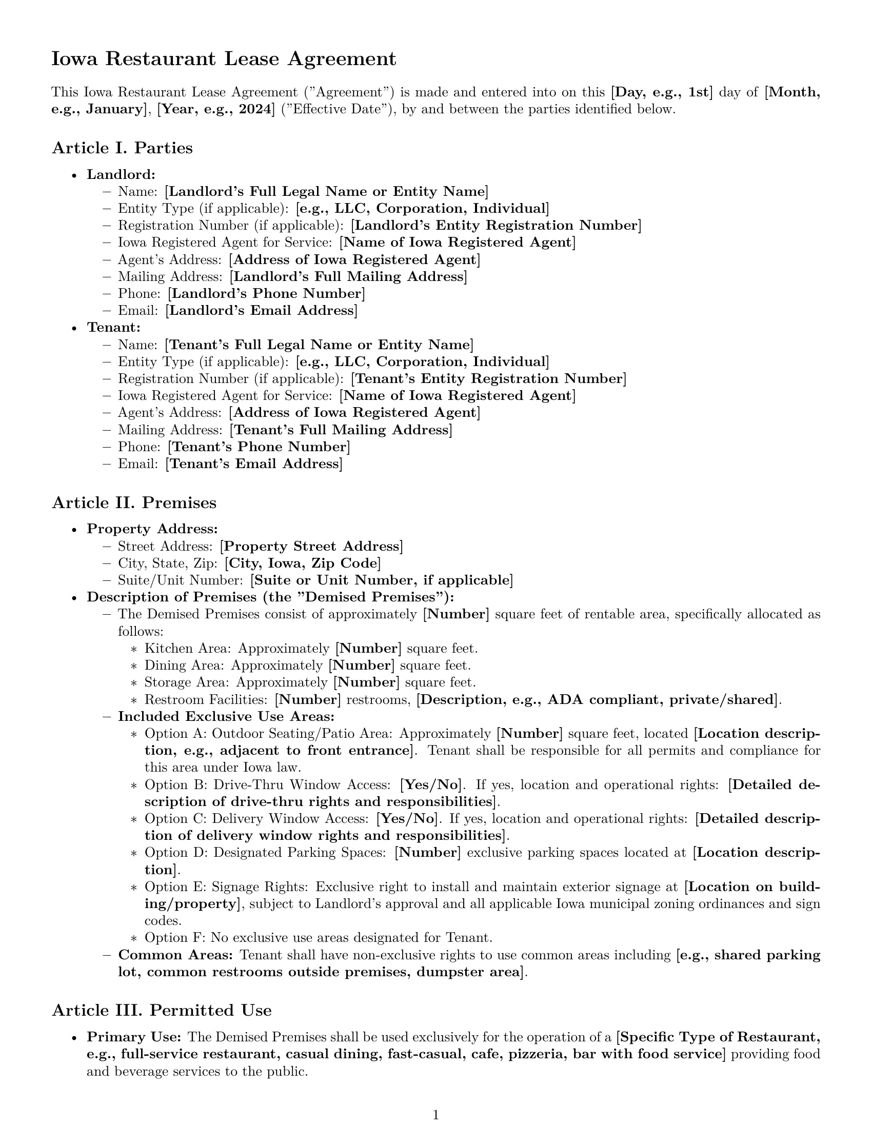 Preview page 1 of Pro Iowa restaurant lease agreement template