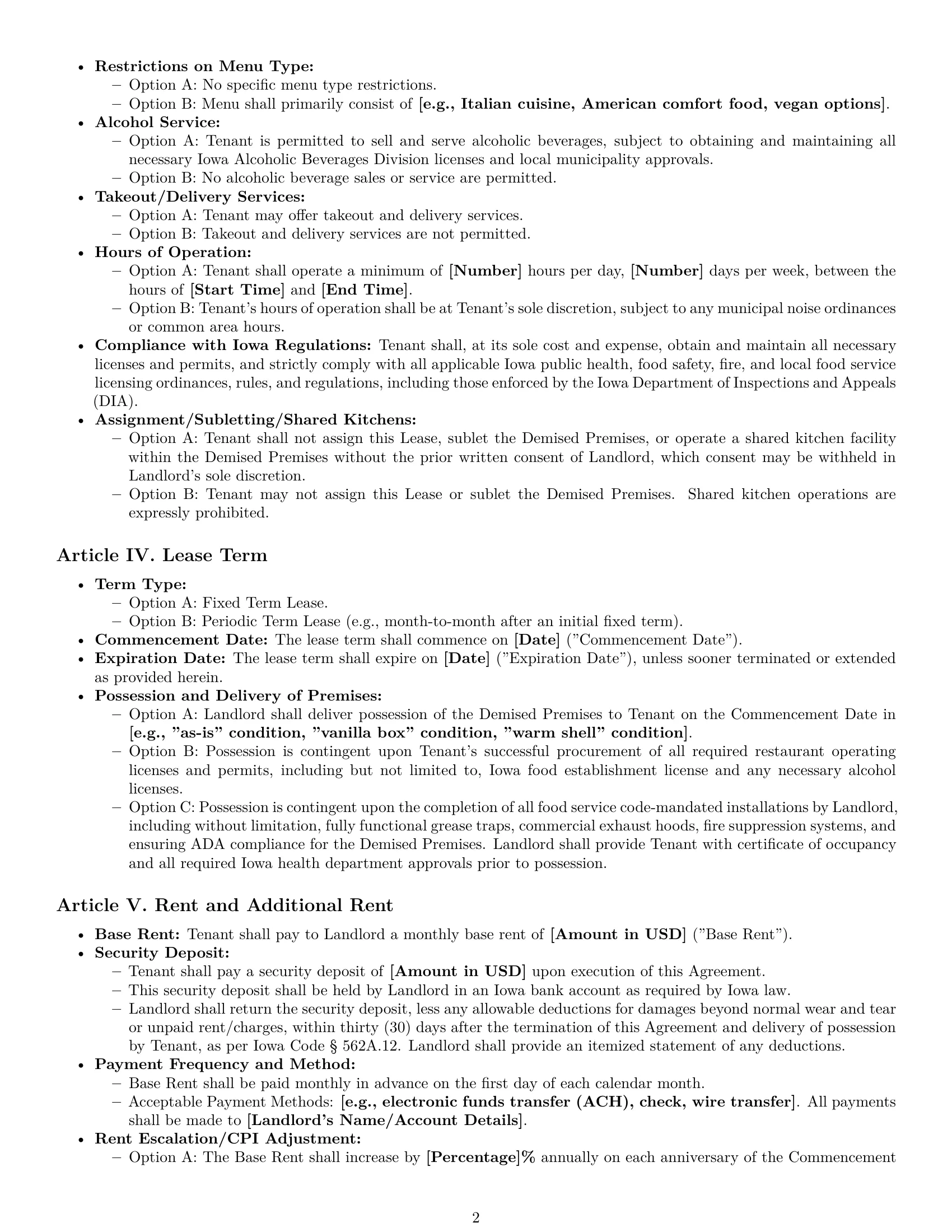 Preview page 2 of Pro Iowa restaurant lease agreement template