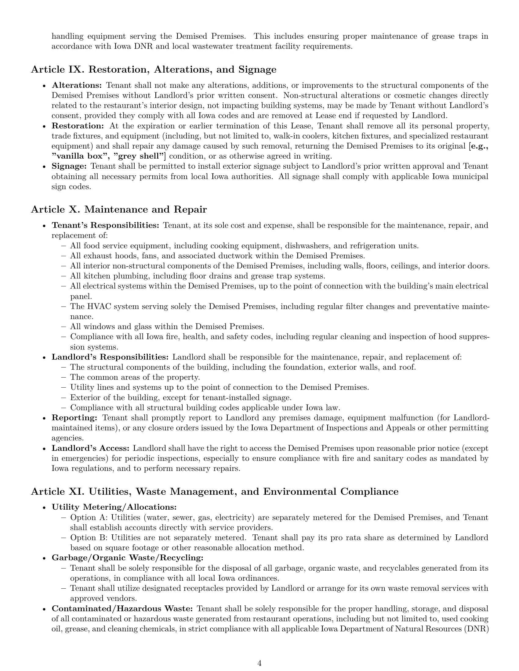 Preview page 4 of Pro Iowa restaurant lease agreement template