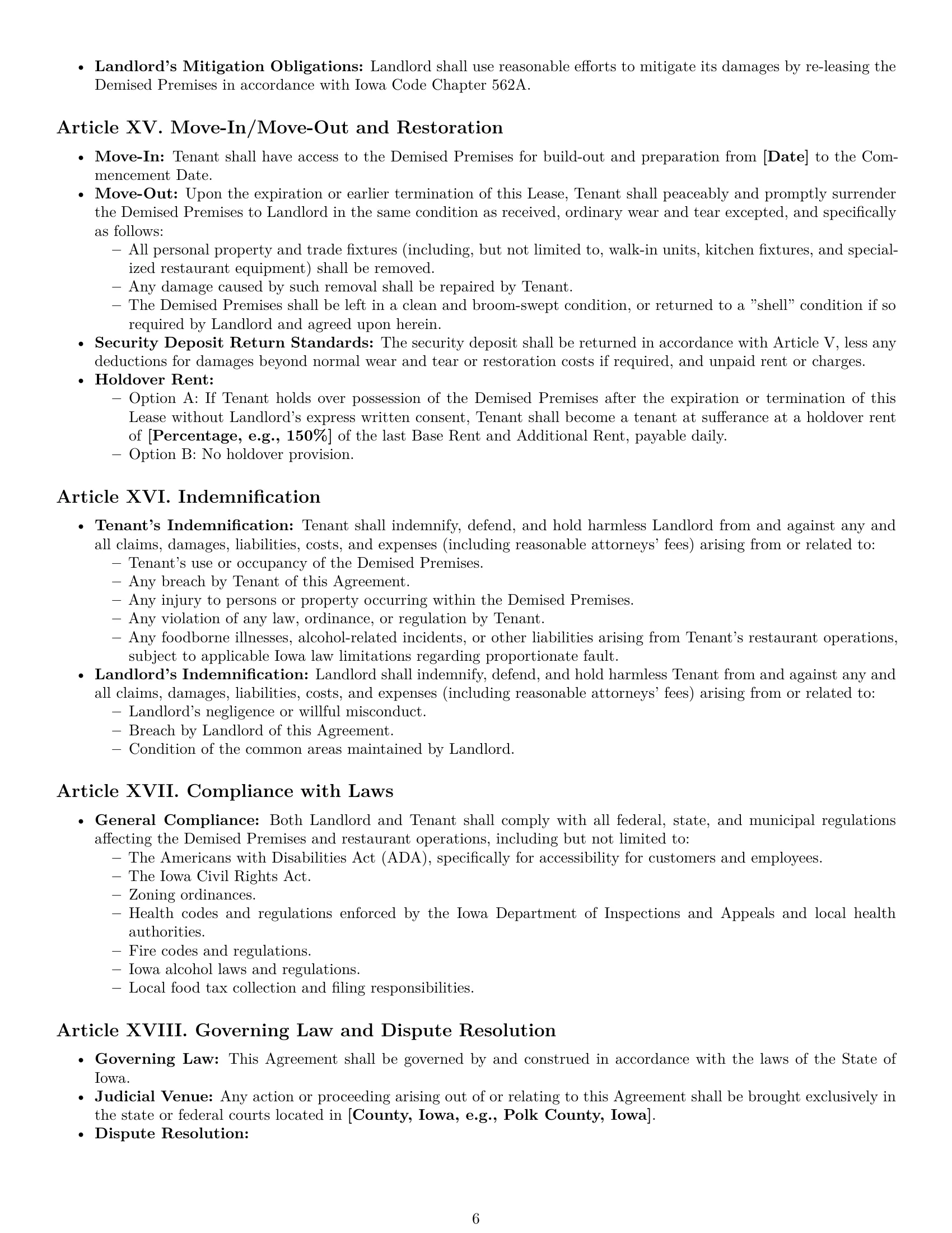 Preview page 6 of Pro Iowa restaurant lease agreement template
