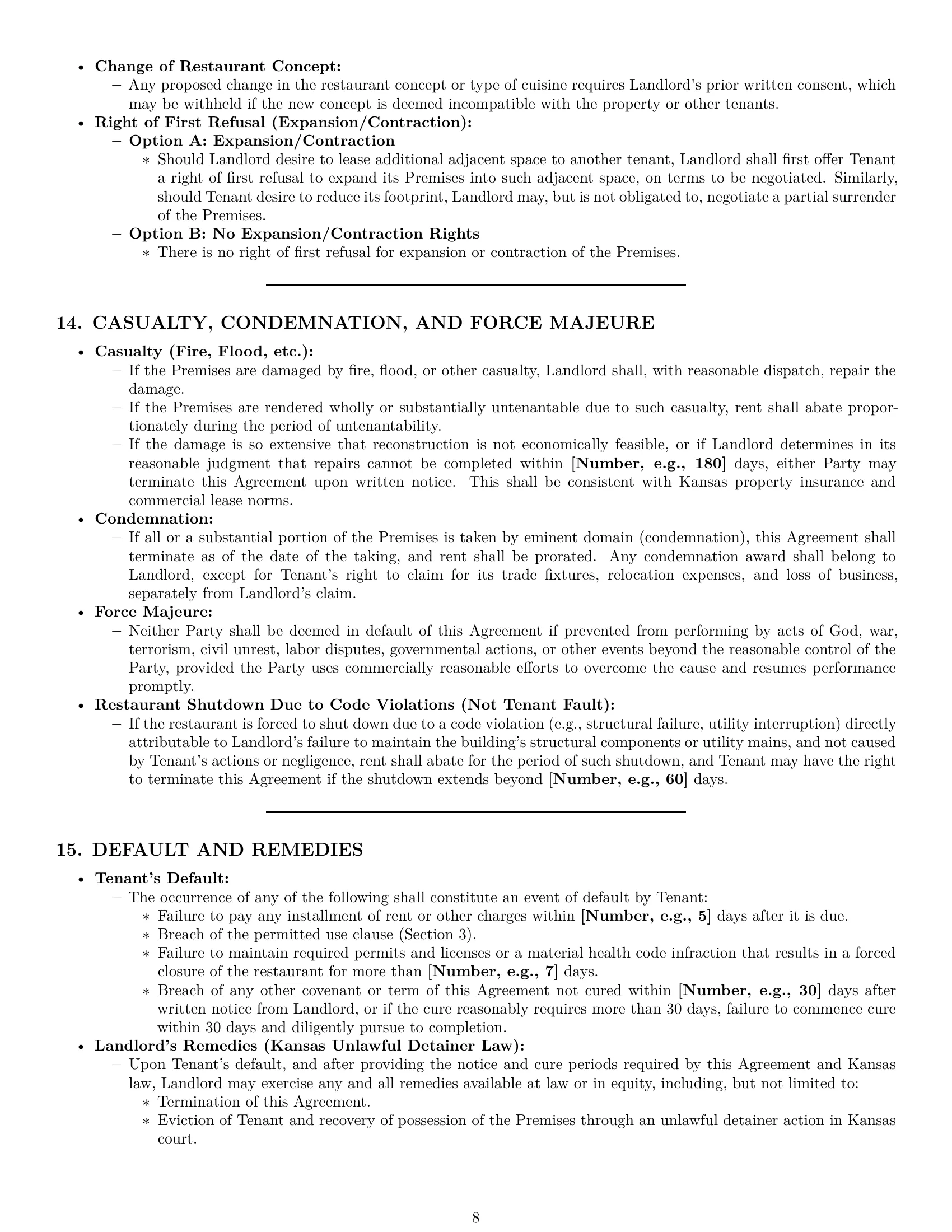 Preview page 8 of Pro Kansas restaurant lease agreement template