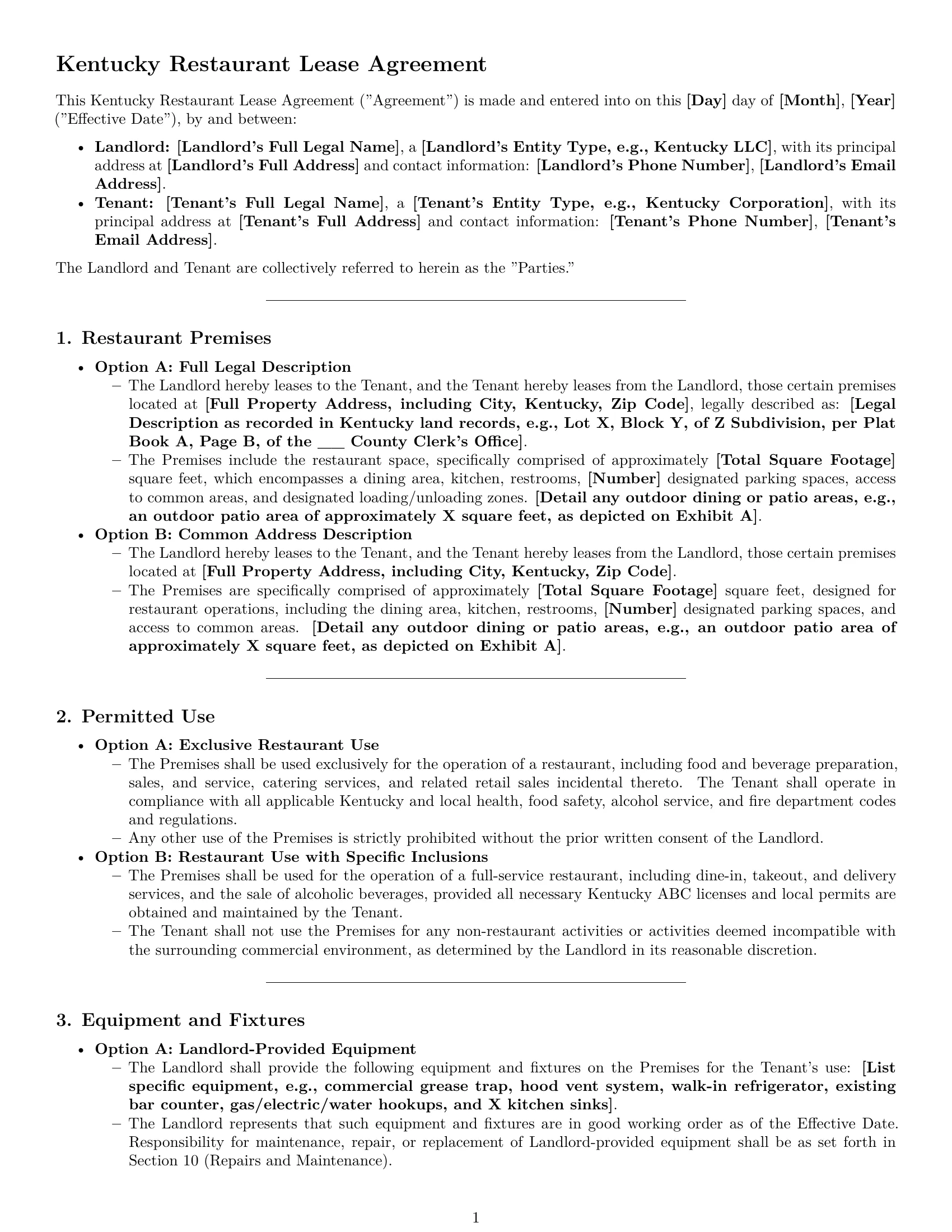 Preview page 1 of Pro Kentucky restaurant lease agreement template