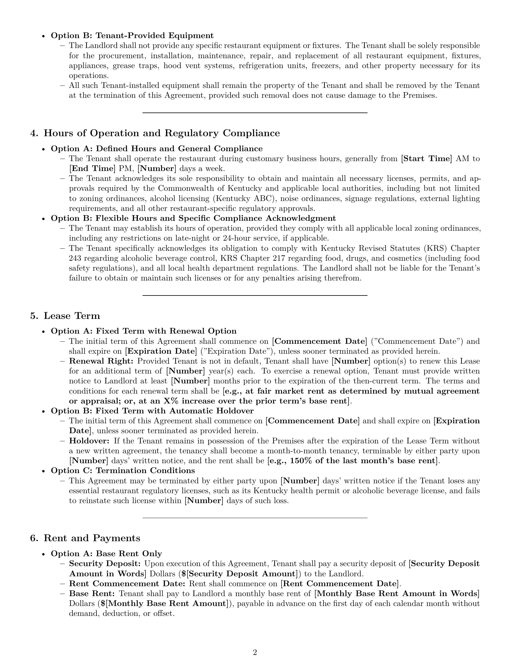 Preview page 2 of Pro Kentucky restaurant lease agreement template