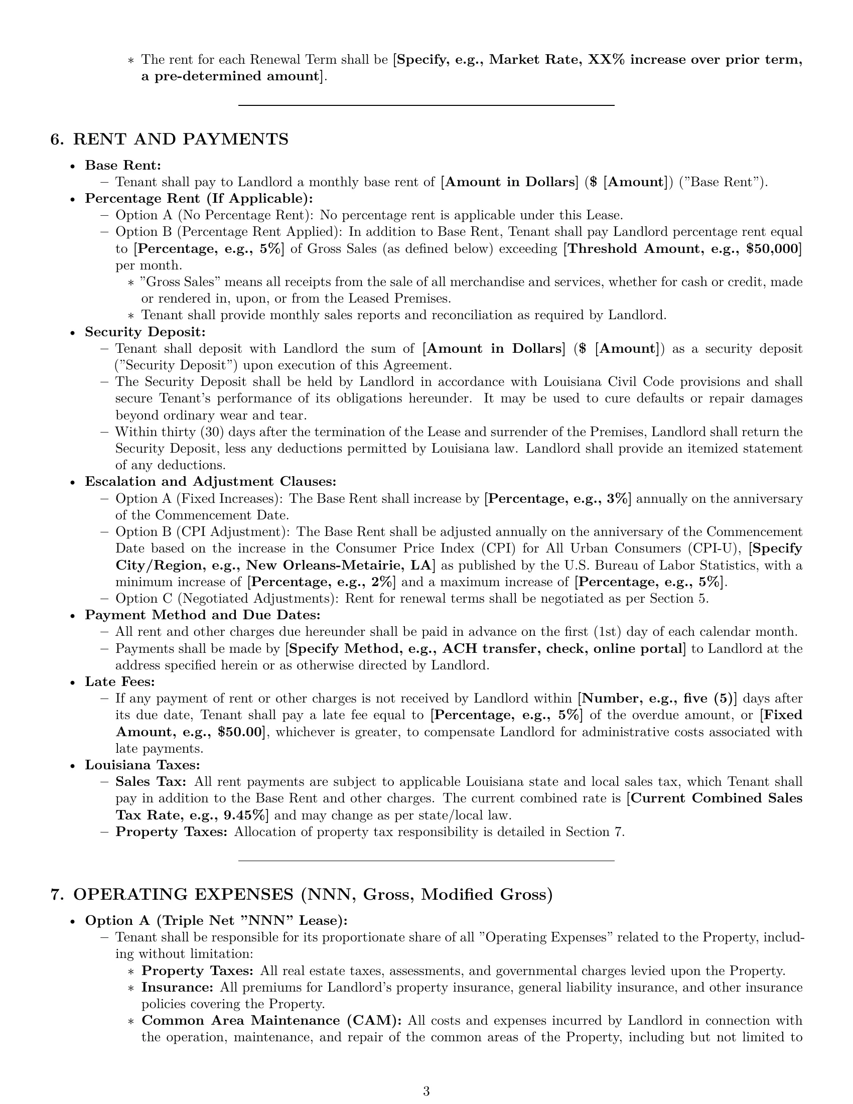 Preview page 3 of Pro Louisiana restaurant lease agreement template