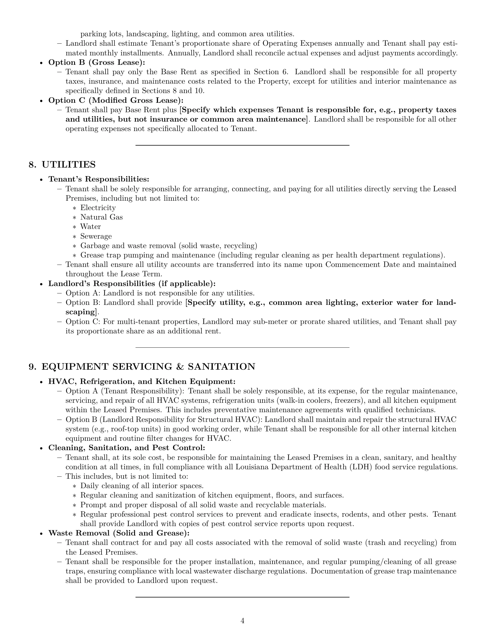 Preview page 4 of Pro Louisiana restaurant lease agreement template
