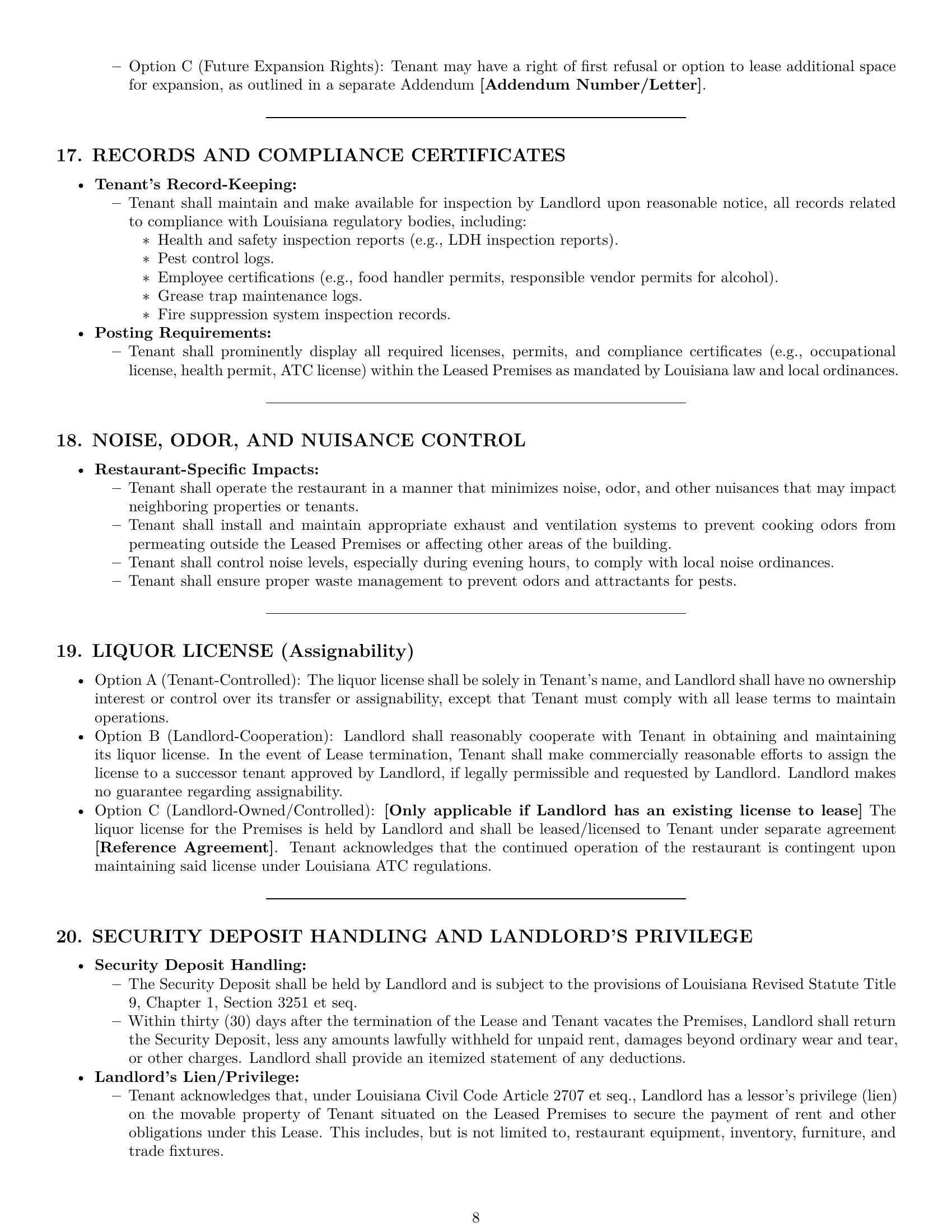 Preview page 8 of Pro Louisiana restaurant lease agreement template