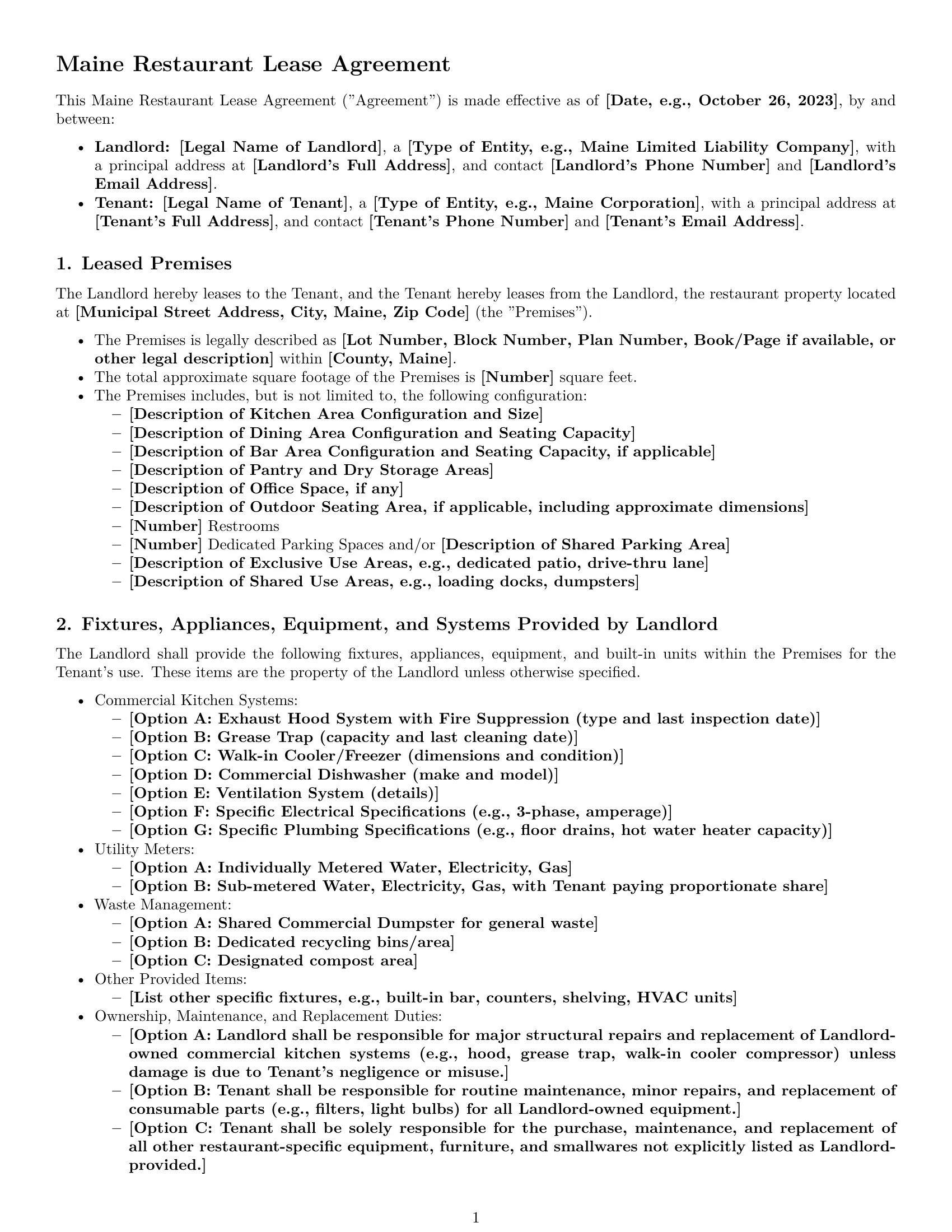 Preview page 1 of Pro Maine restaurant lease agreement template