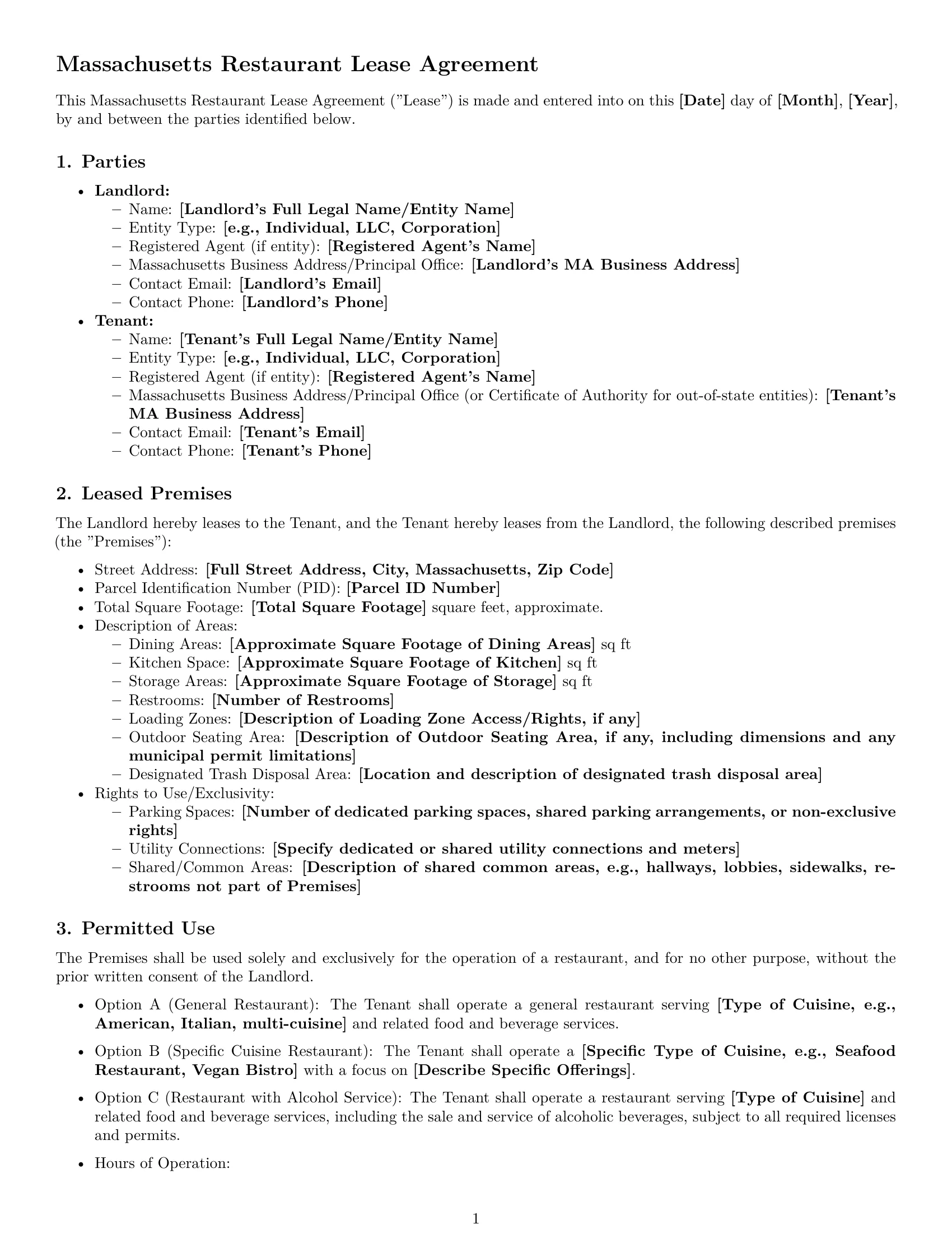 Preview page 1 of Pro Massachusetts restaurant lease agreement template