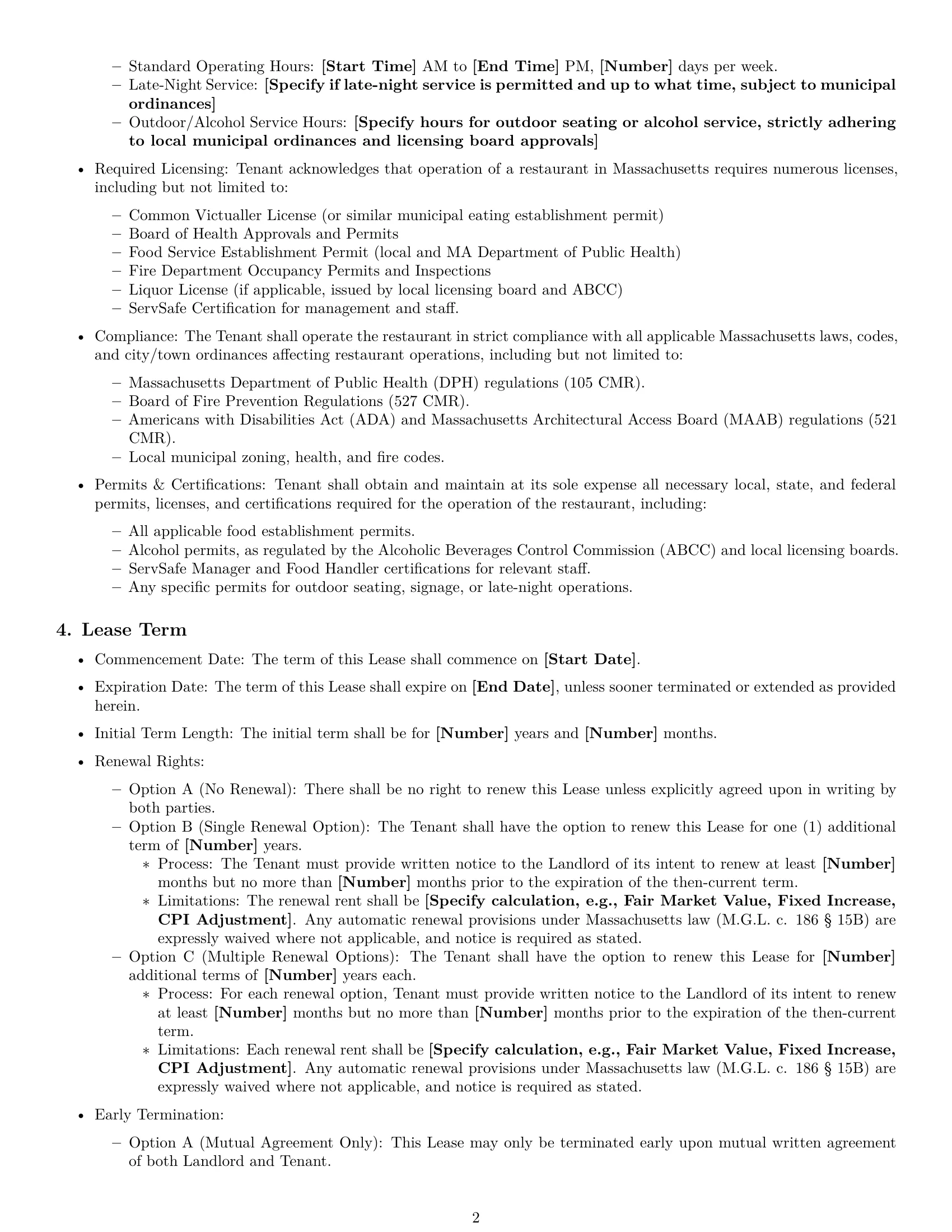 Preview page 2 of Pro Massachusetts restaurant lease agreement template