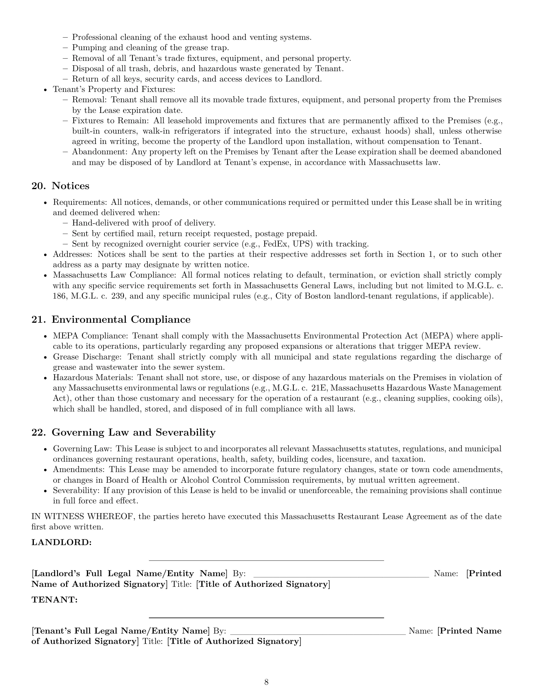 Preview page 8 of Pro Massachusetts restaurant lease agreement template