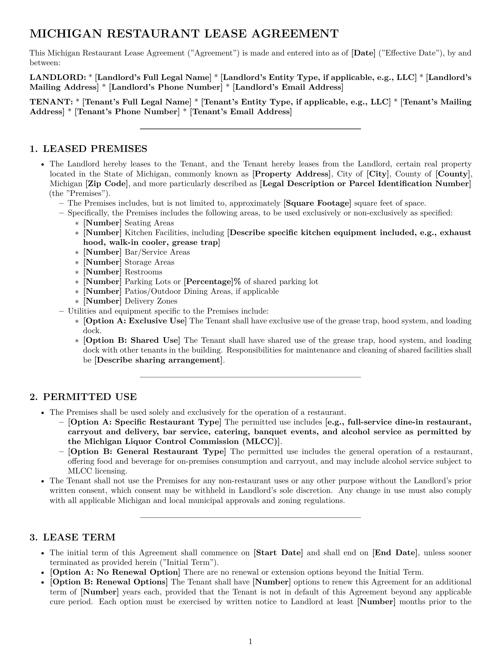 Preview page 1 of Pro Michigan restaurant lease agreement template