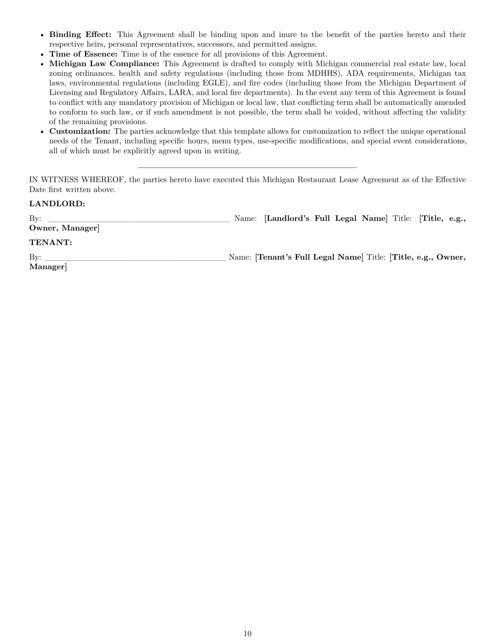 Preview page 10 of Pro Michigan restaurant lease agreement template