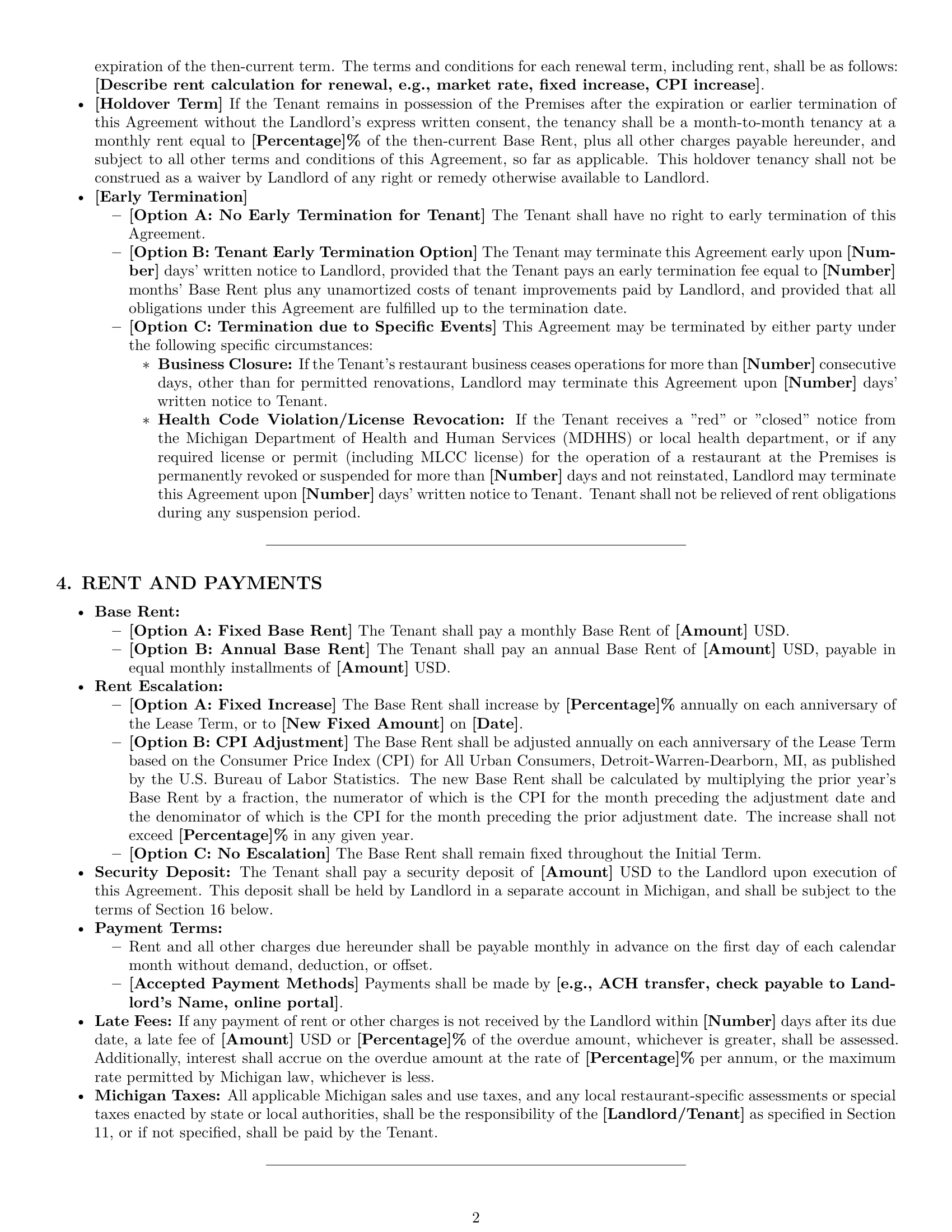 Preview page 2 of Pro Michigan restaurant lease agreement template