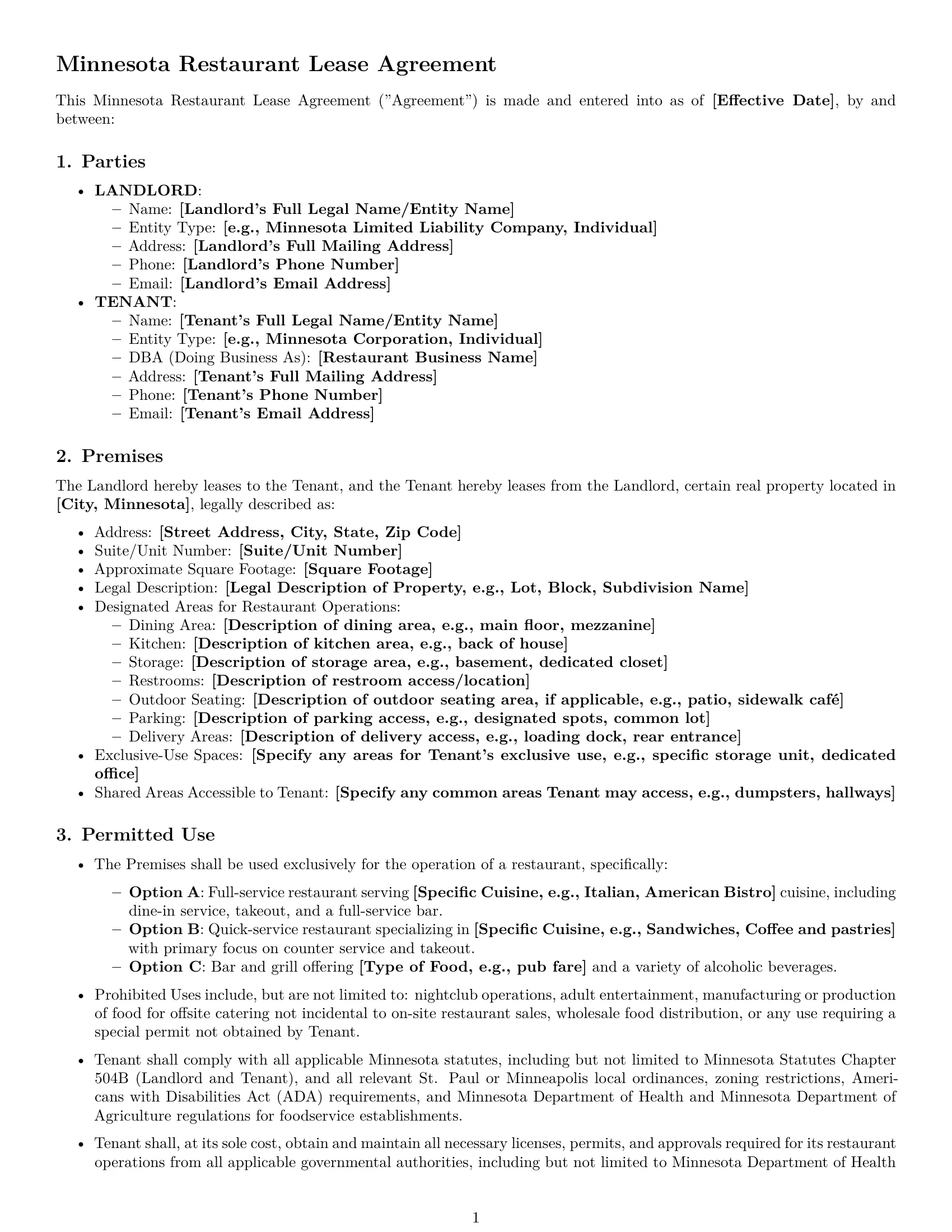 Preview page 1 of Pro Minnesota restaurant lease agreement template