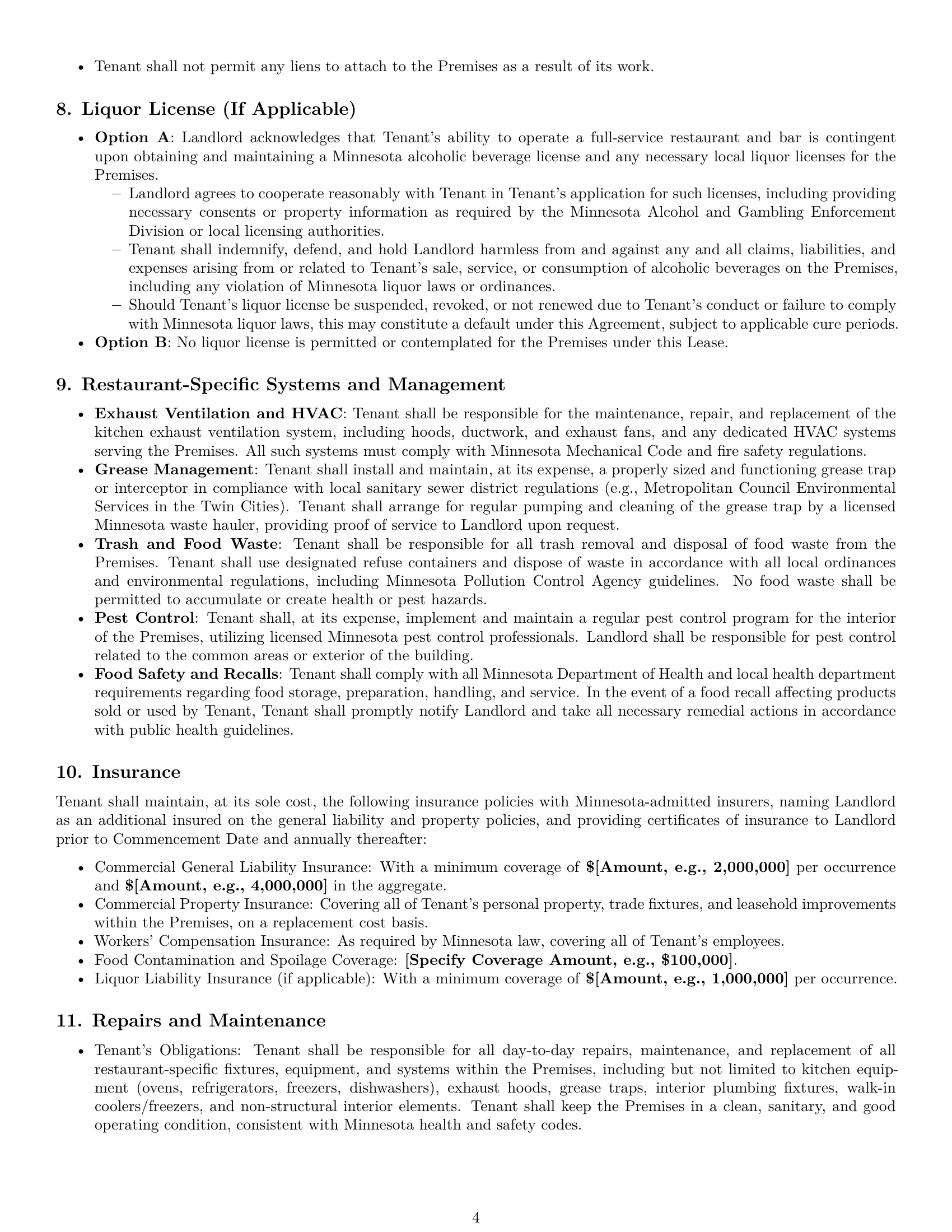 Preview page 4 of Pro Minnesota restaurant lease agreement template