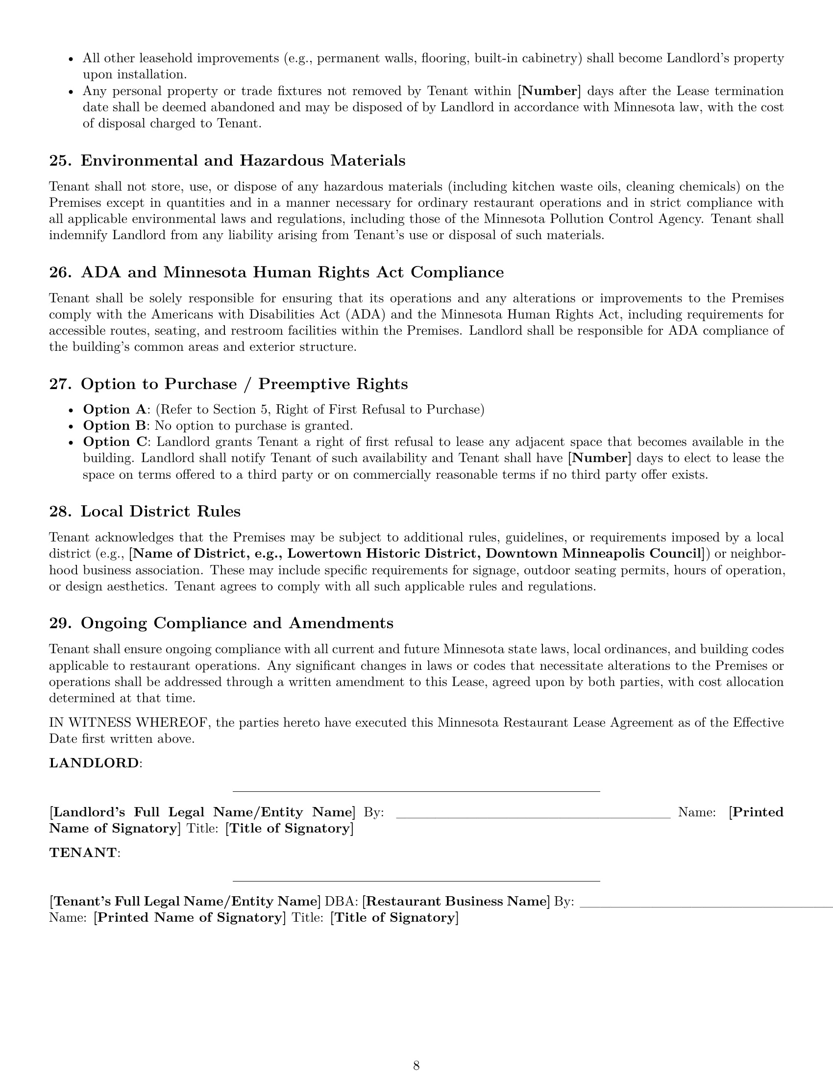Preview page 8 of Pro Minnesota restaurant lease agreement template