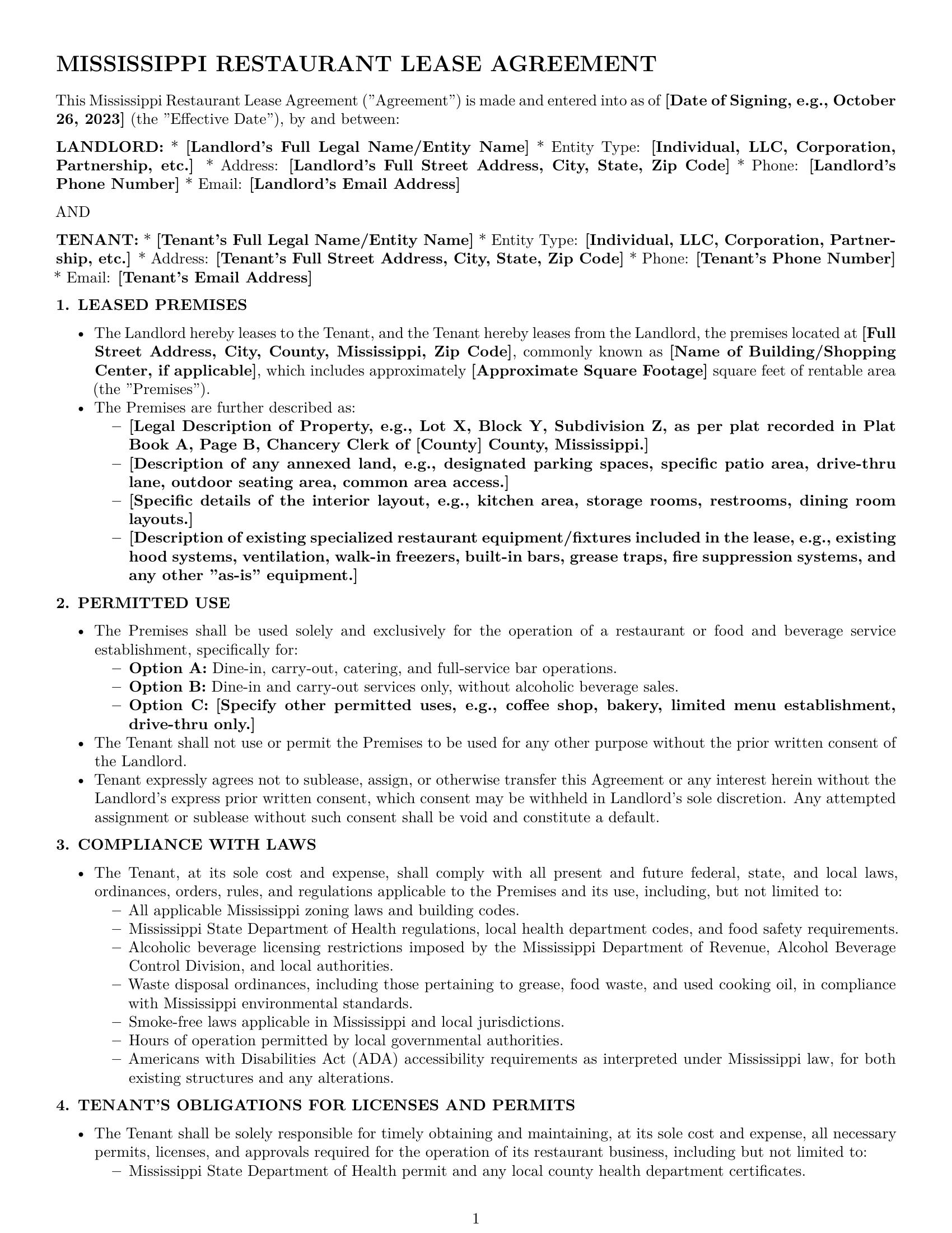 Preview page 1 of Pro Mississippi restaurant lease agreement template