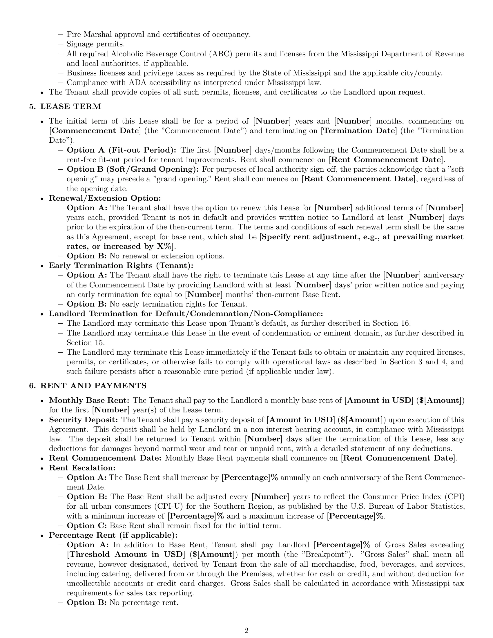 Preview page 2 of Pro Mississippi restaurant lease agreement template