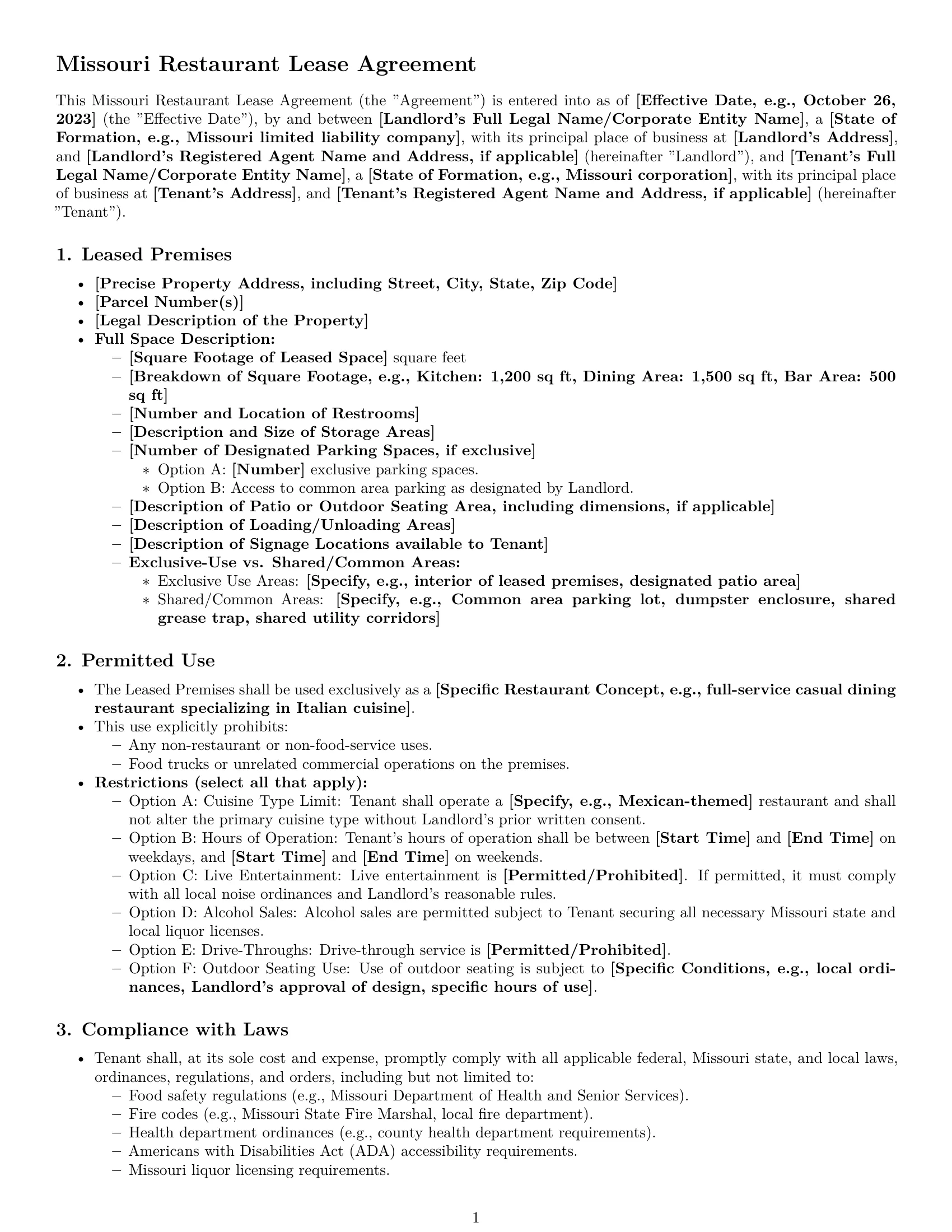 Preview page 1 of Pro Missouri restaurant lease agreement template