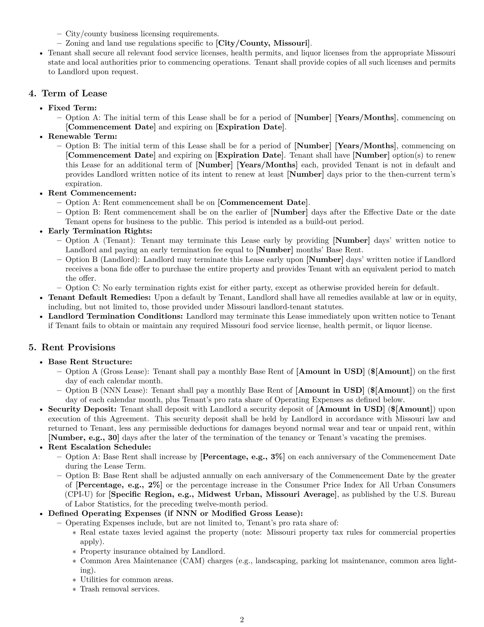 Preview page 2 of Pro Missouri restaurant lease agreement template
