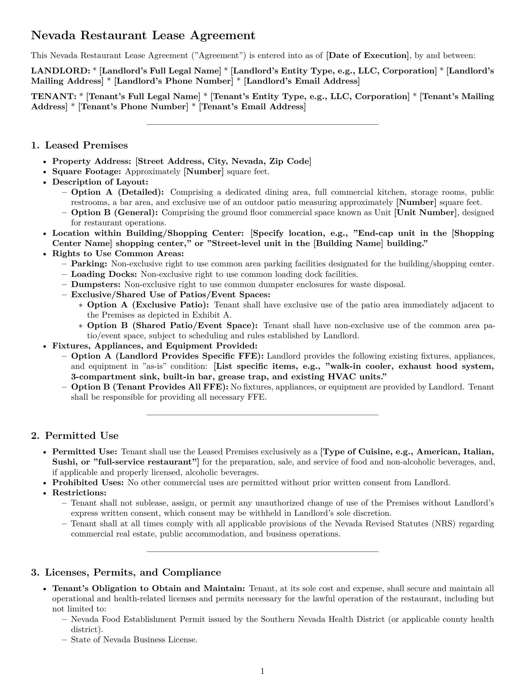 Preview page 1 of Pro Nevada restaurant lease agreement template