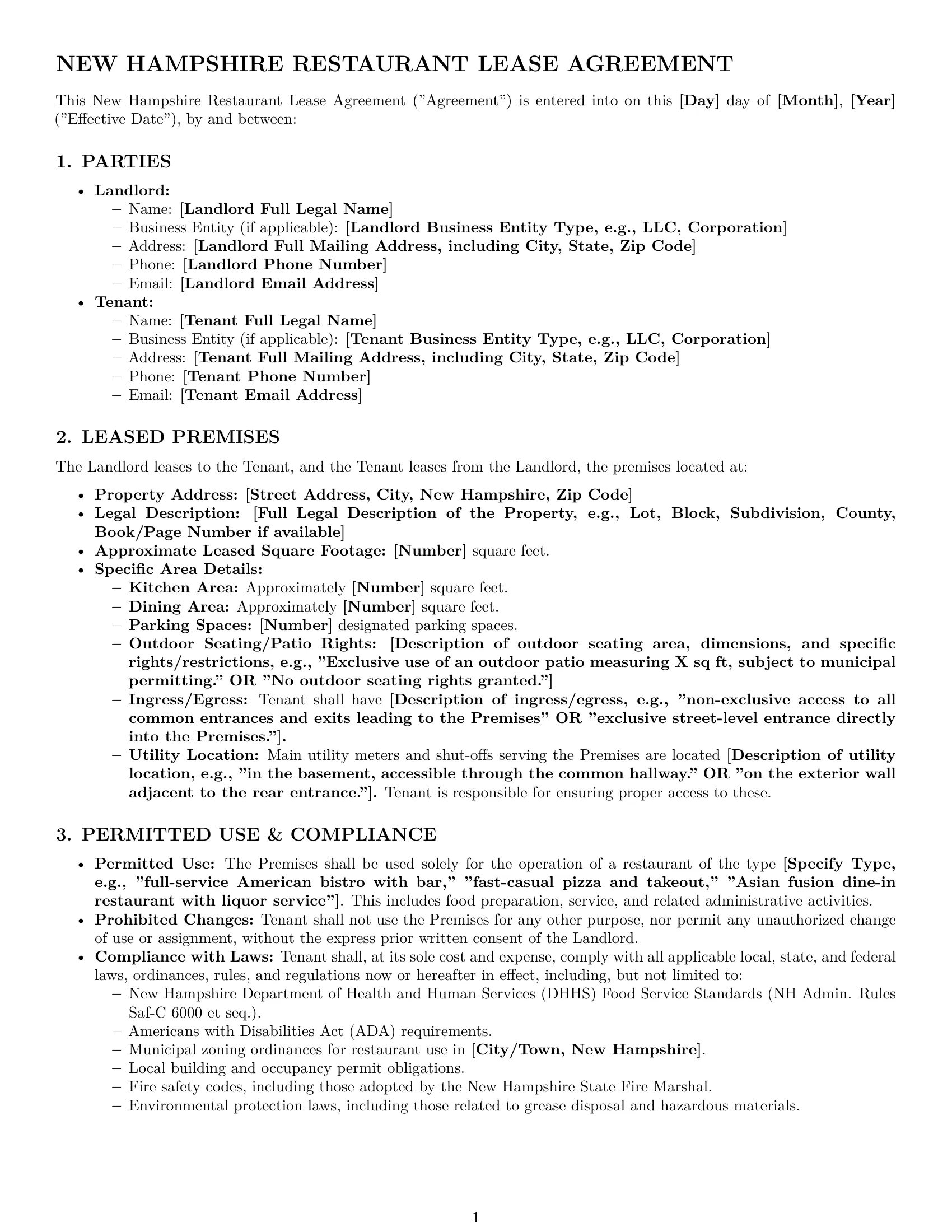 Preview page 1 of Pro New Hampshire restaurant lease agreement template
