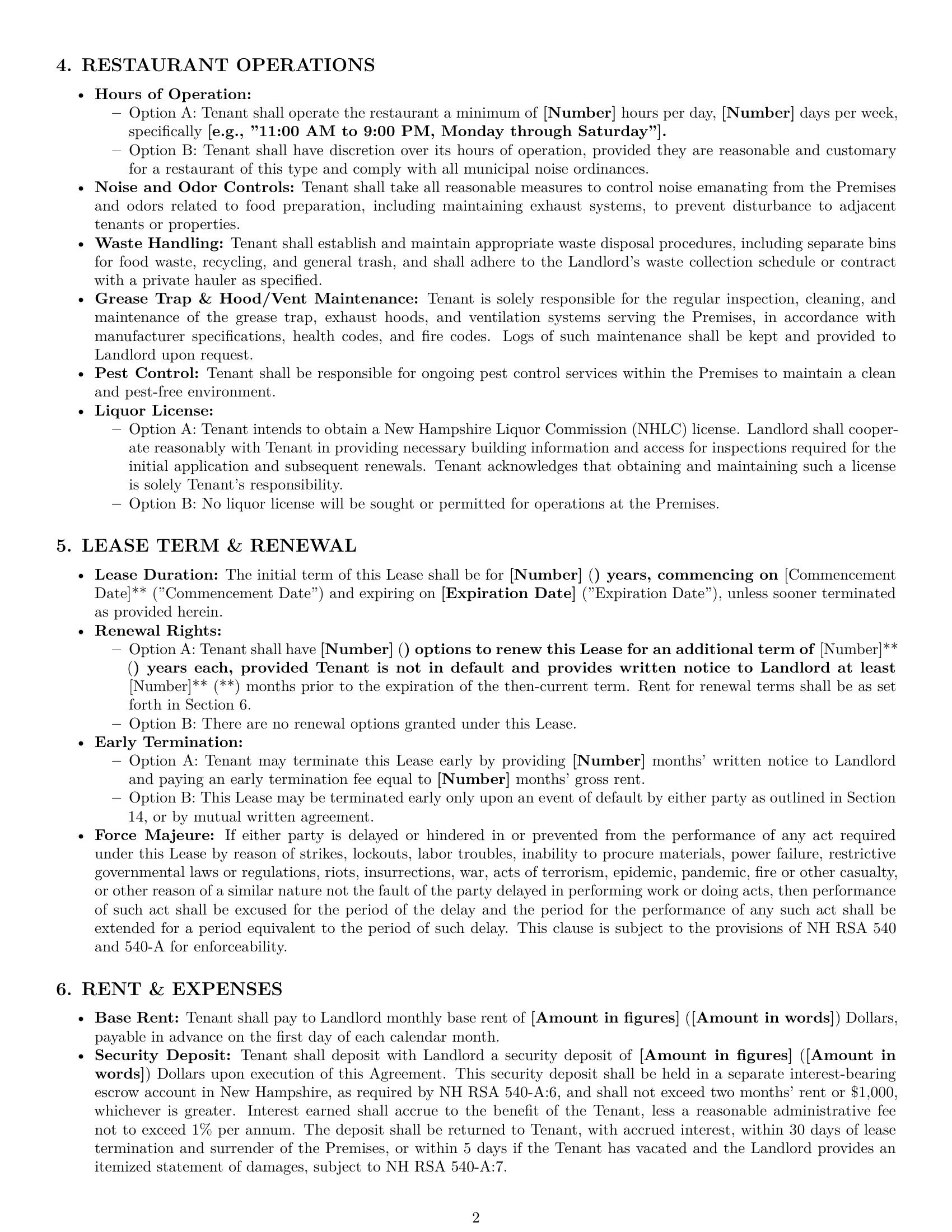 Preview page 2 of Pro New Hampshire restaurant lease agreement template