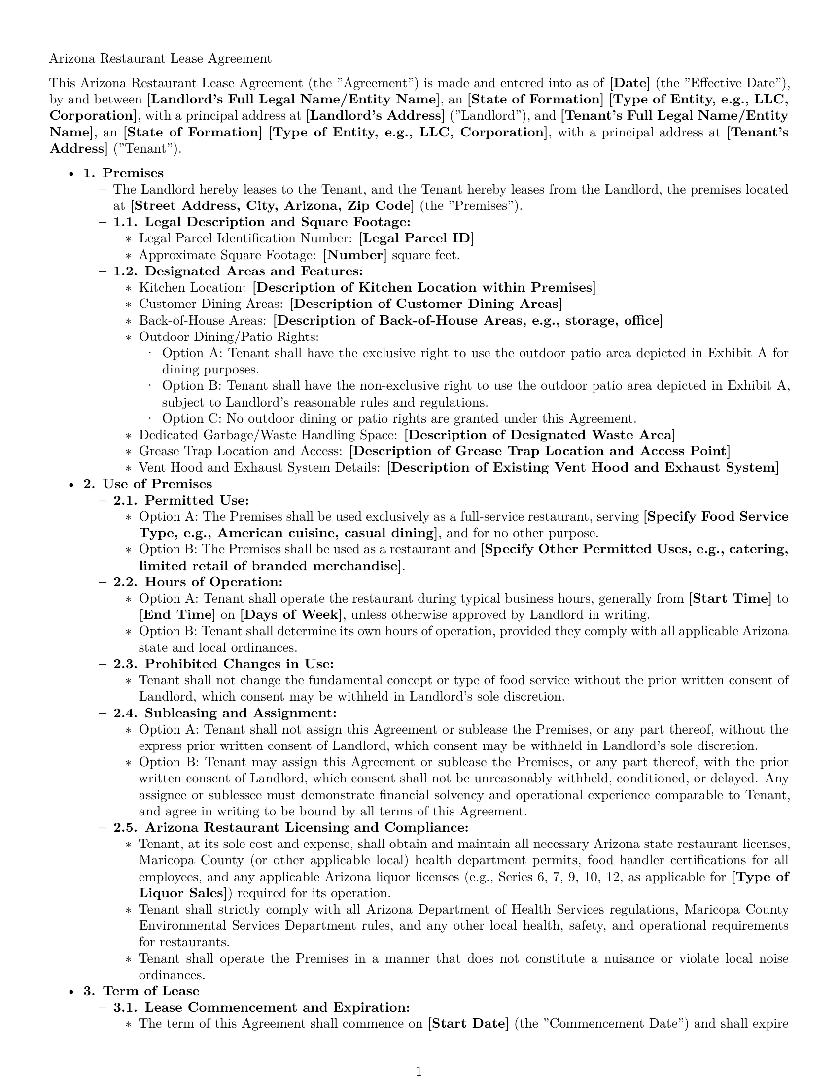 Preview page 1 of Pro Arizona restaurant lease agreement template