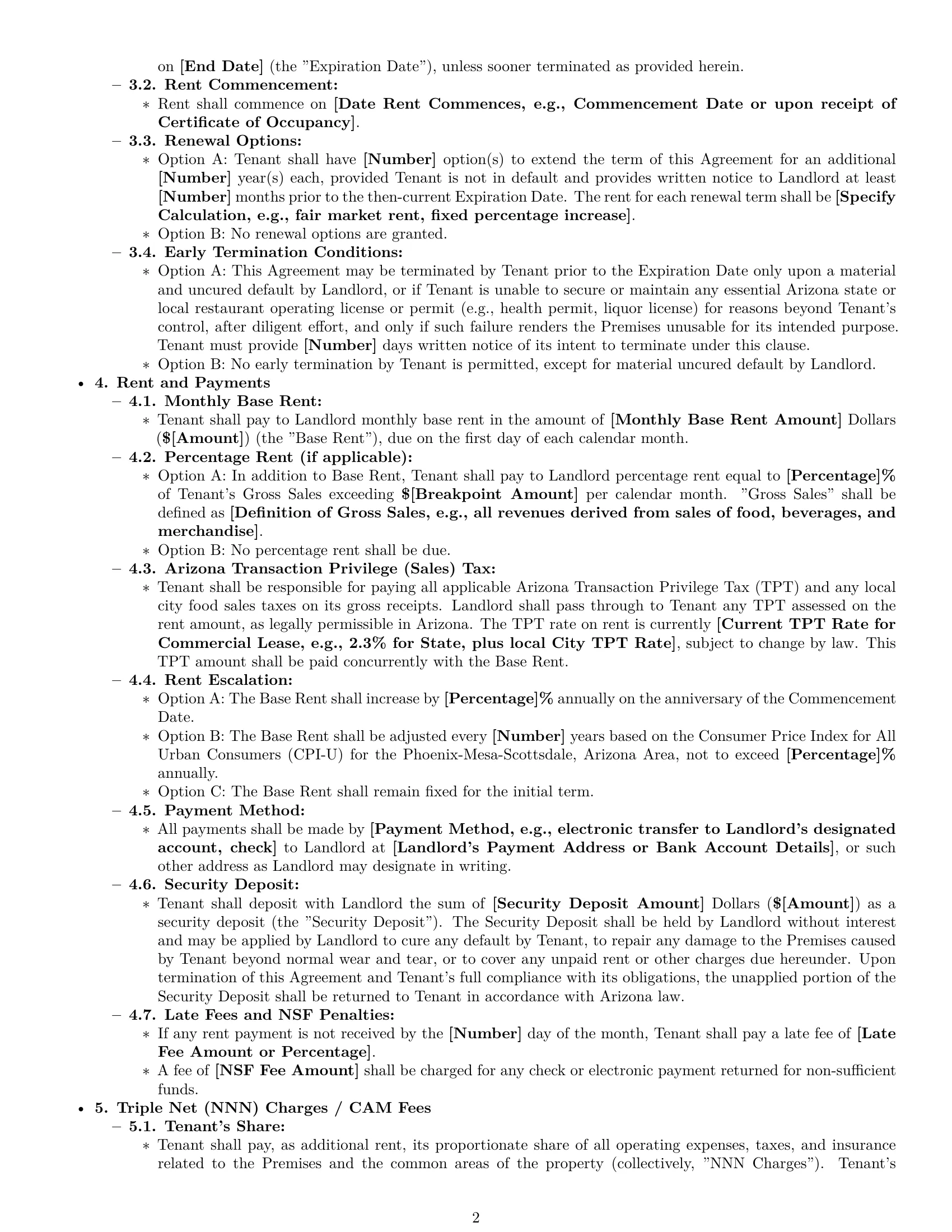 Preview page 2 of Pro Arizona restaurant lease agreement template