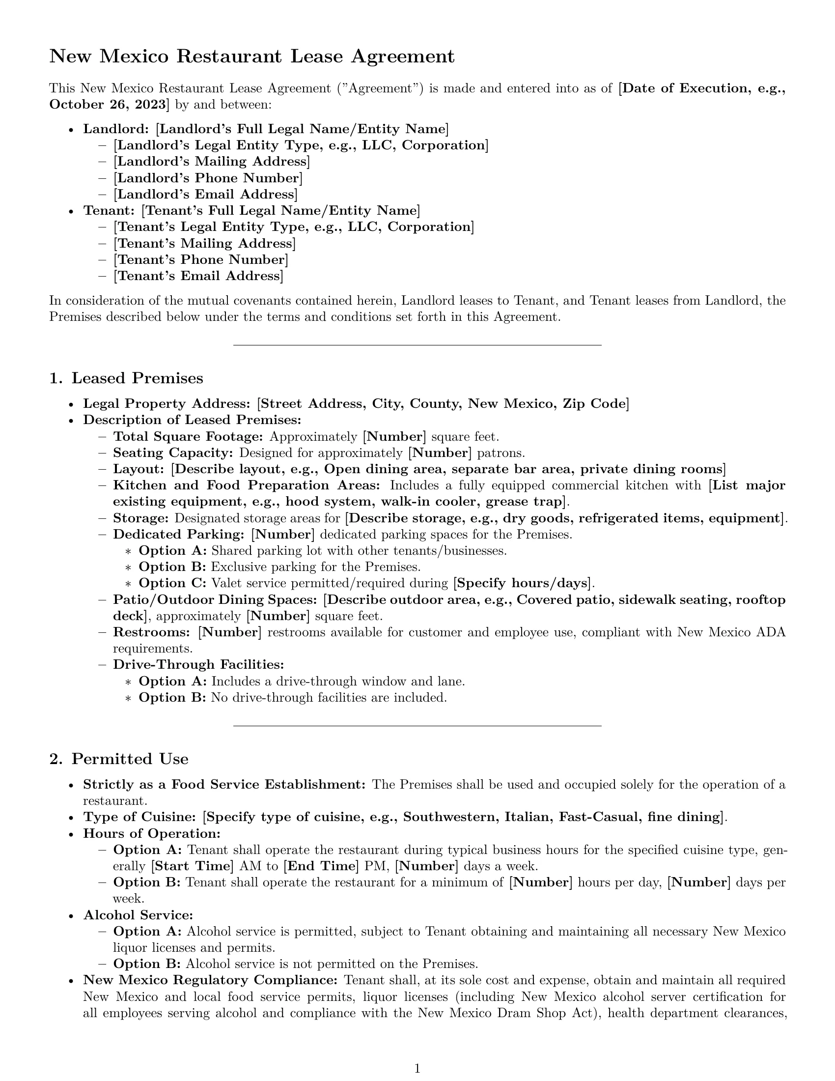 Preview page 1 of Pro New Mexico restaurant lease agreement template