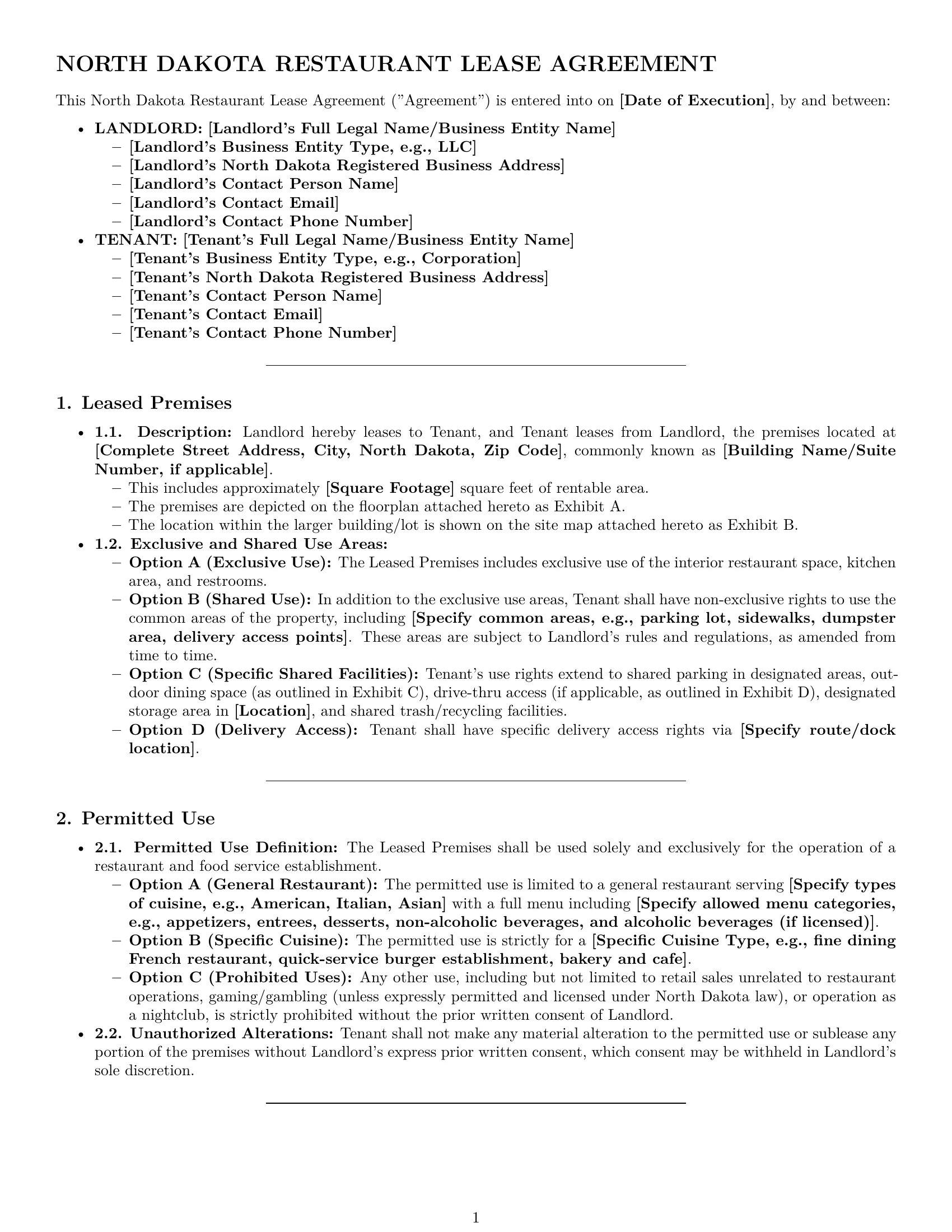 Preview page 1 of Pro North Dakota restaurant lease agreement template