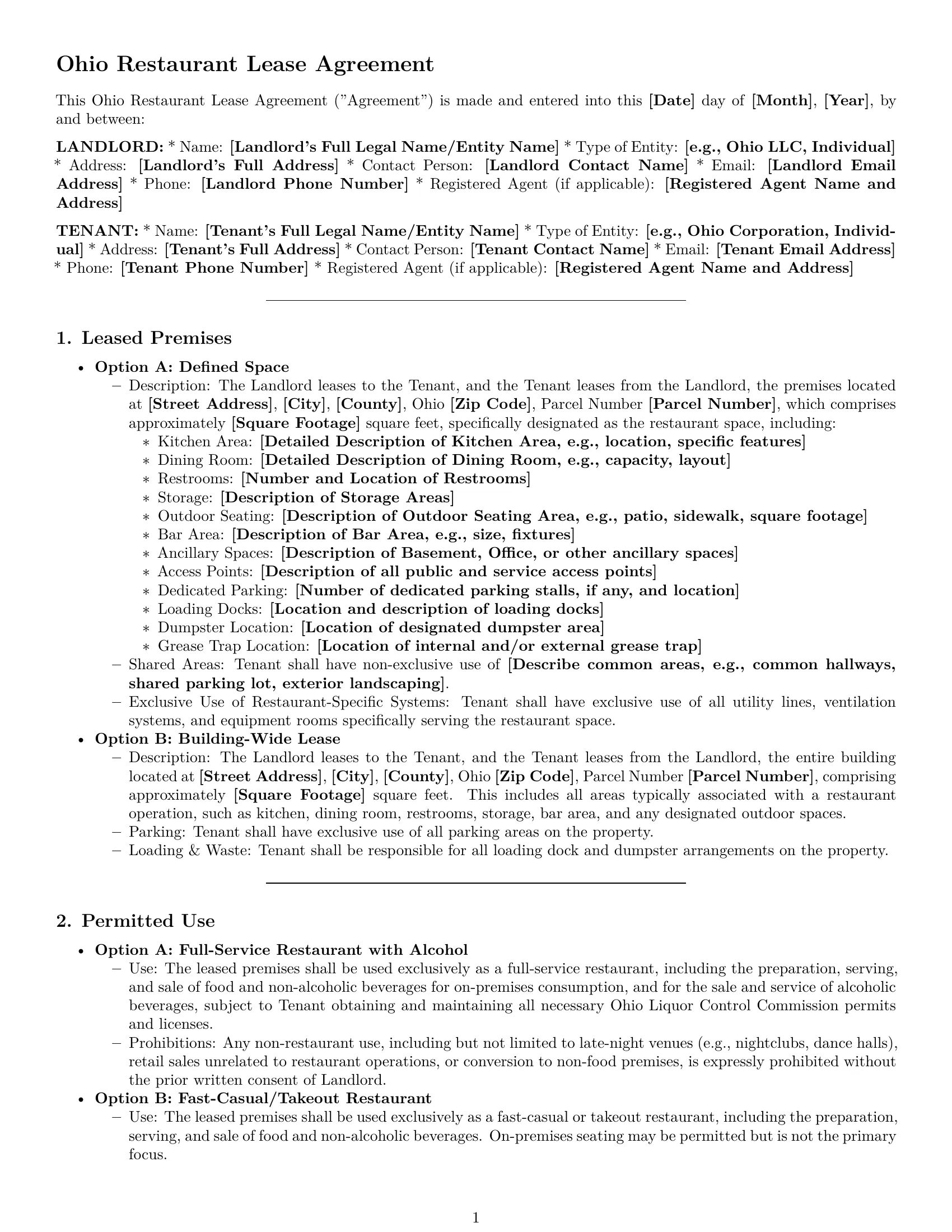 Preview page 1 of Pro Ohio restaurant lease agreement template