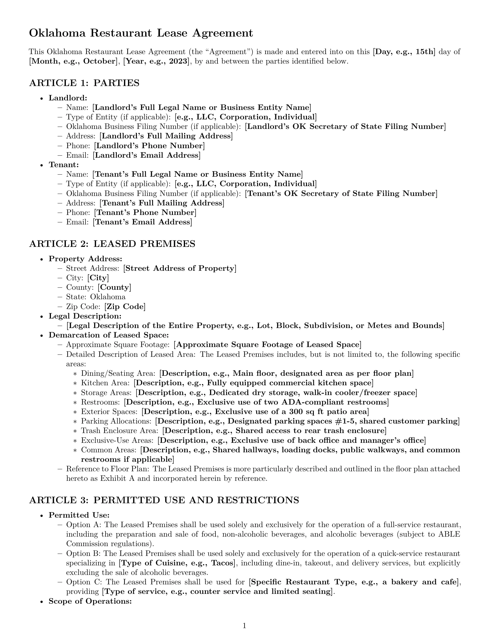 Preview page 1 of Pro Oklahoma restaurant lease agreement template