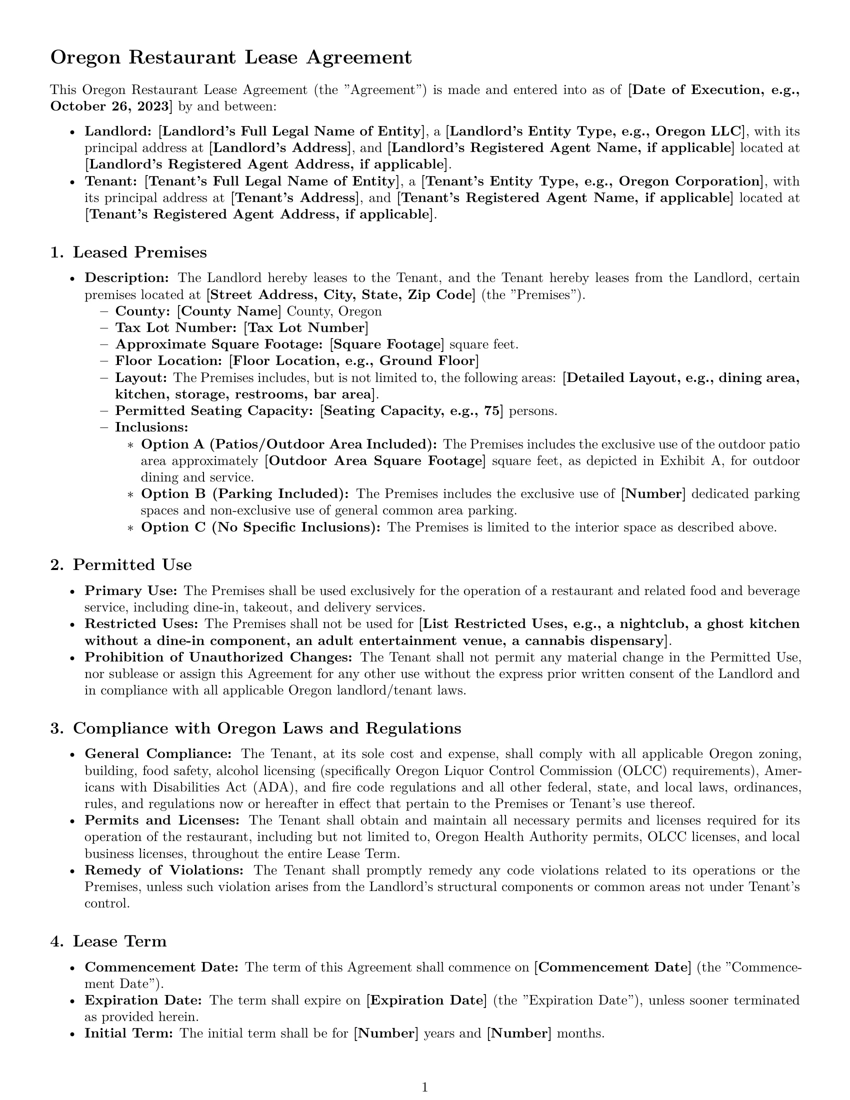 Preview page 1 of Pro Oregon restaurant lease agreement template