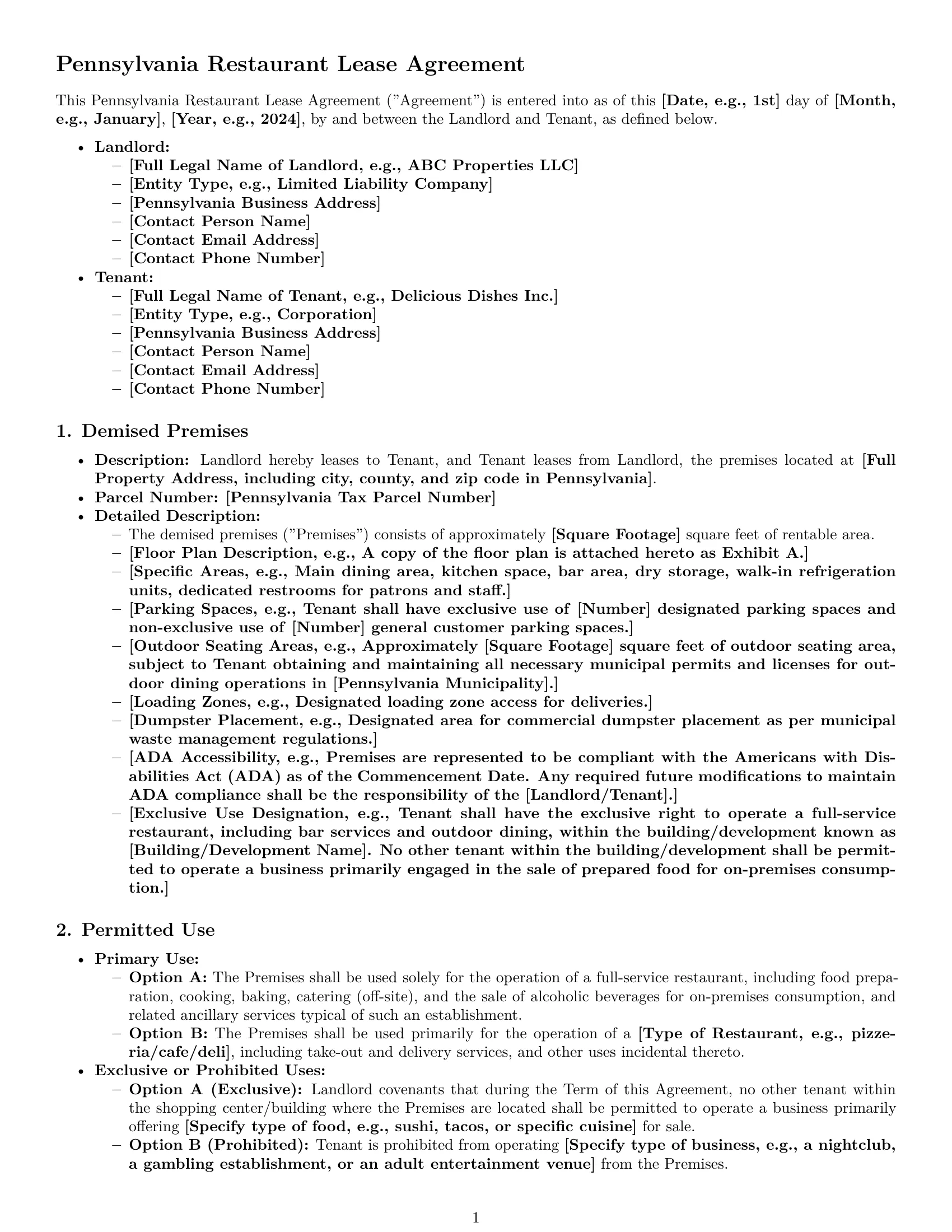 Preview page 1 of Pro Pennsylvania restaurant lease agreement template