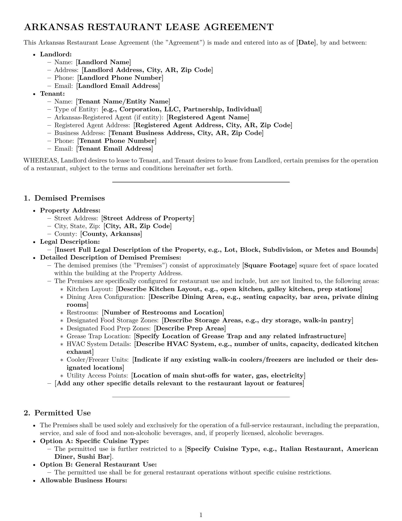 Preview page 1 of Pro Arkansas restaurant lease agreement template