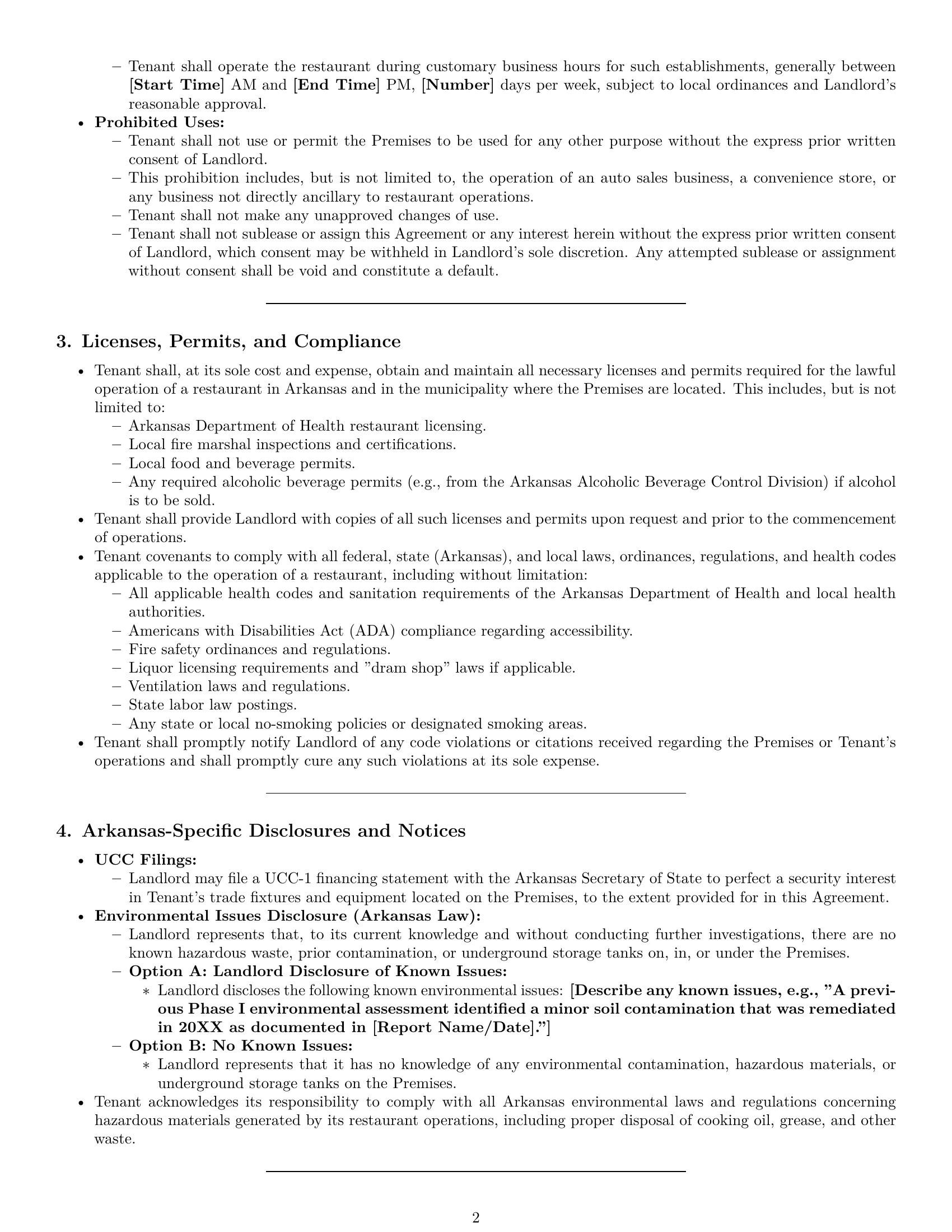 Preview page 2 of Pro Arkansas restaurant lease agreement template