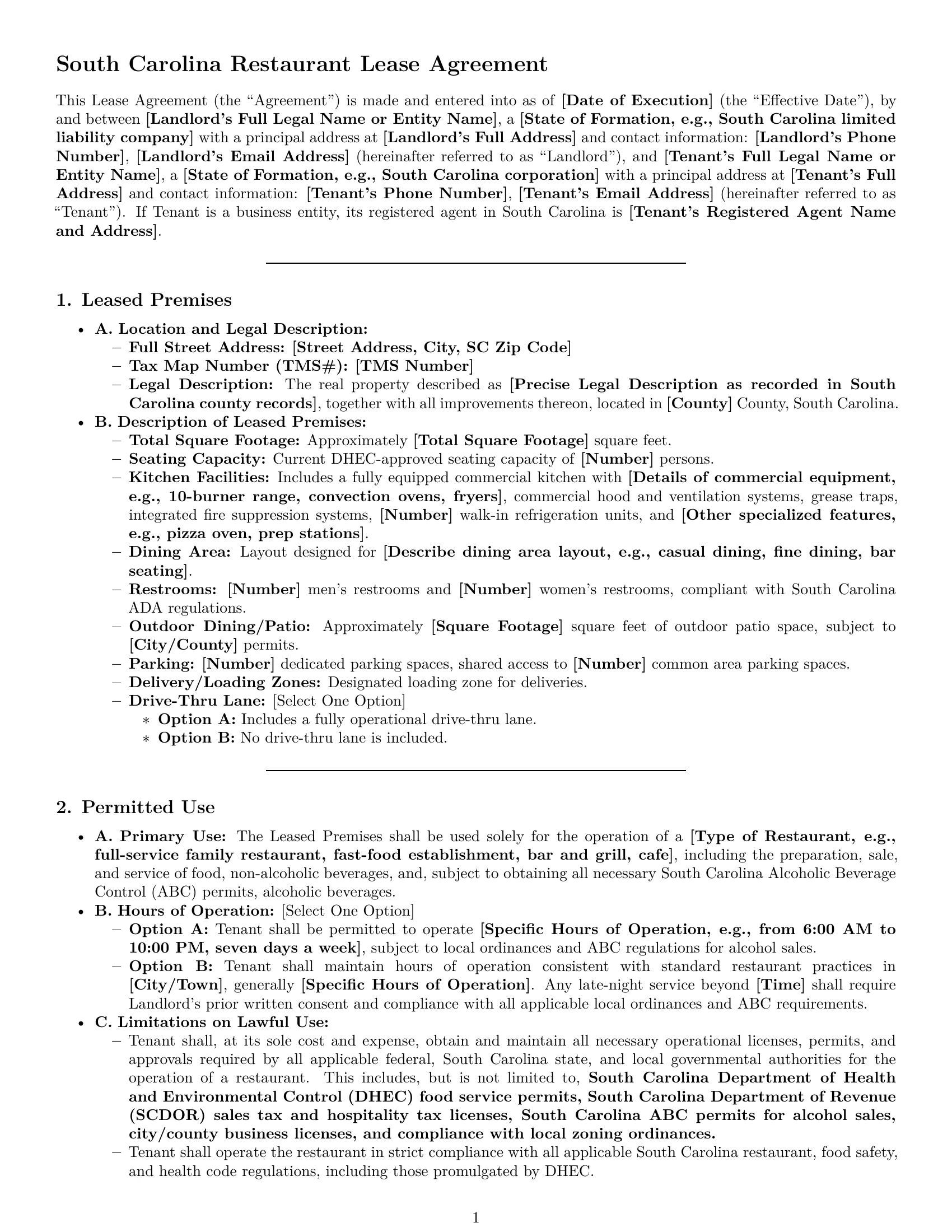 Preview page 1 of Pro South Carolina restaurant lease agreement template