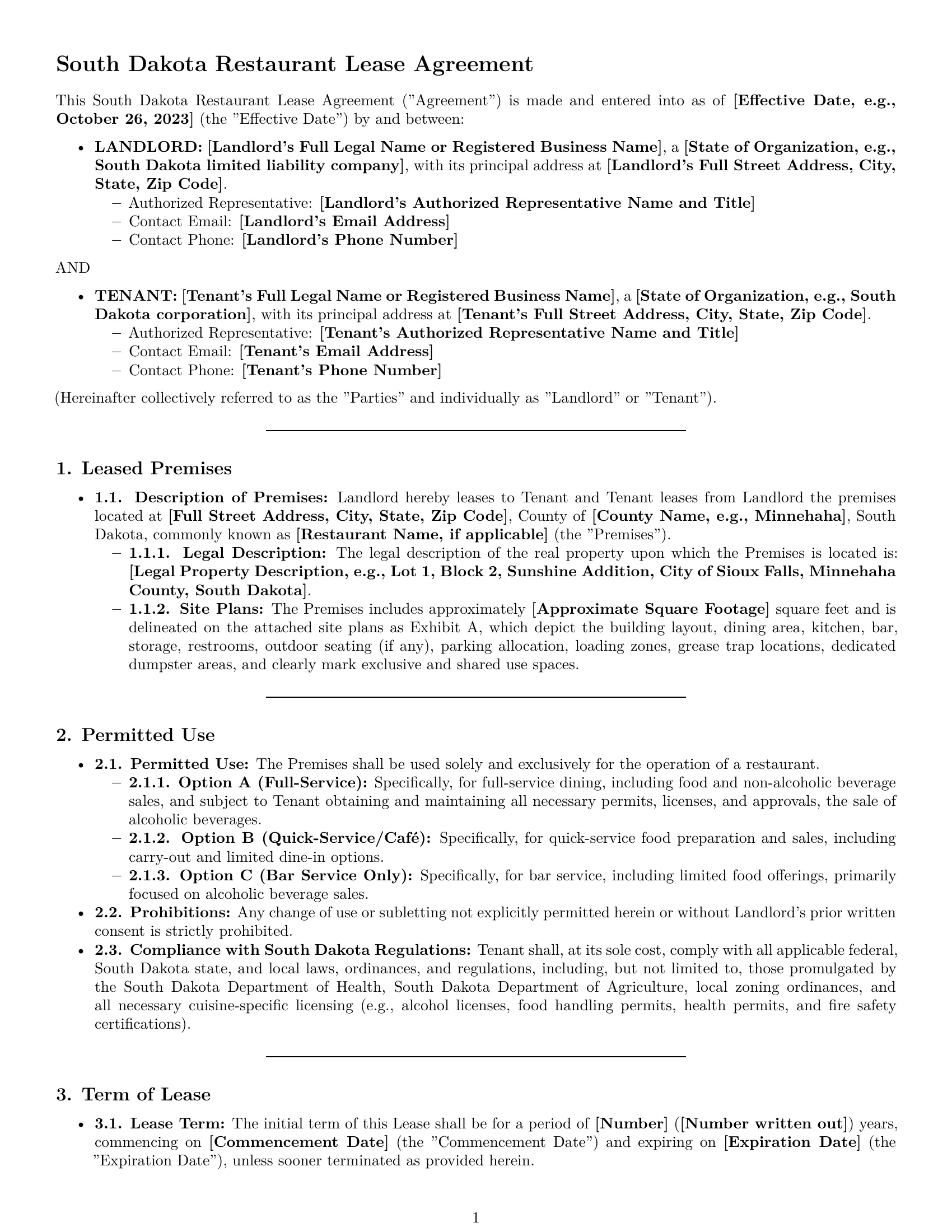 Preview page 1 of Pro South Dakota restaurant lease agreement template