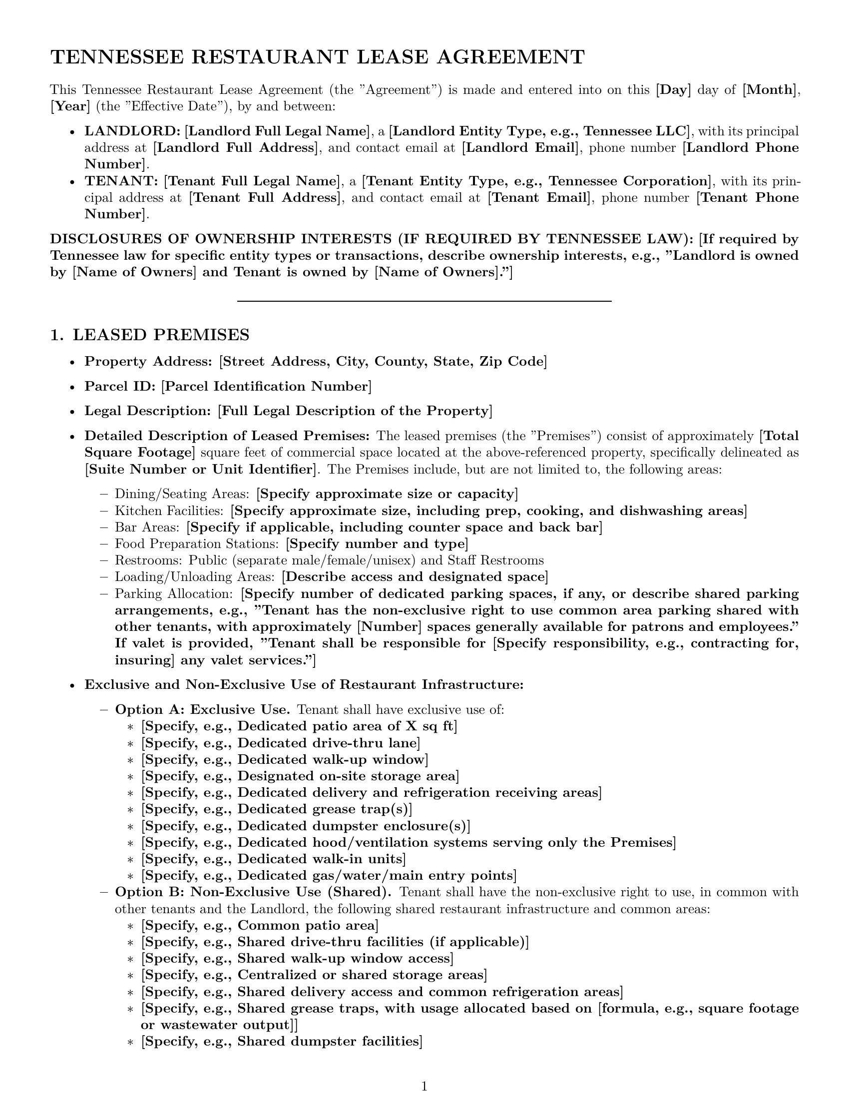 Preview page 1 of Pro Tennessee restaurant lease agreement template