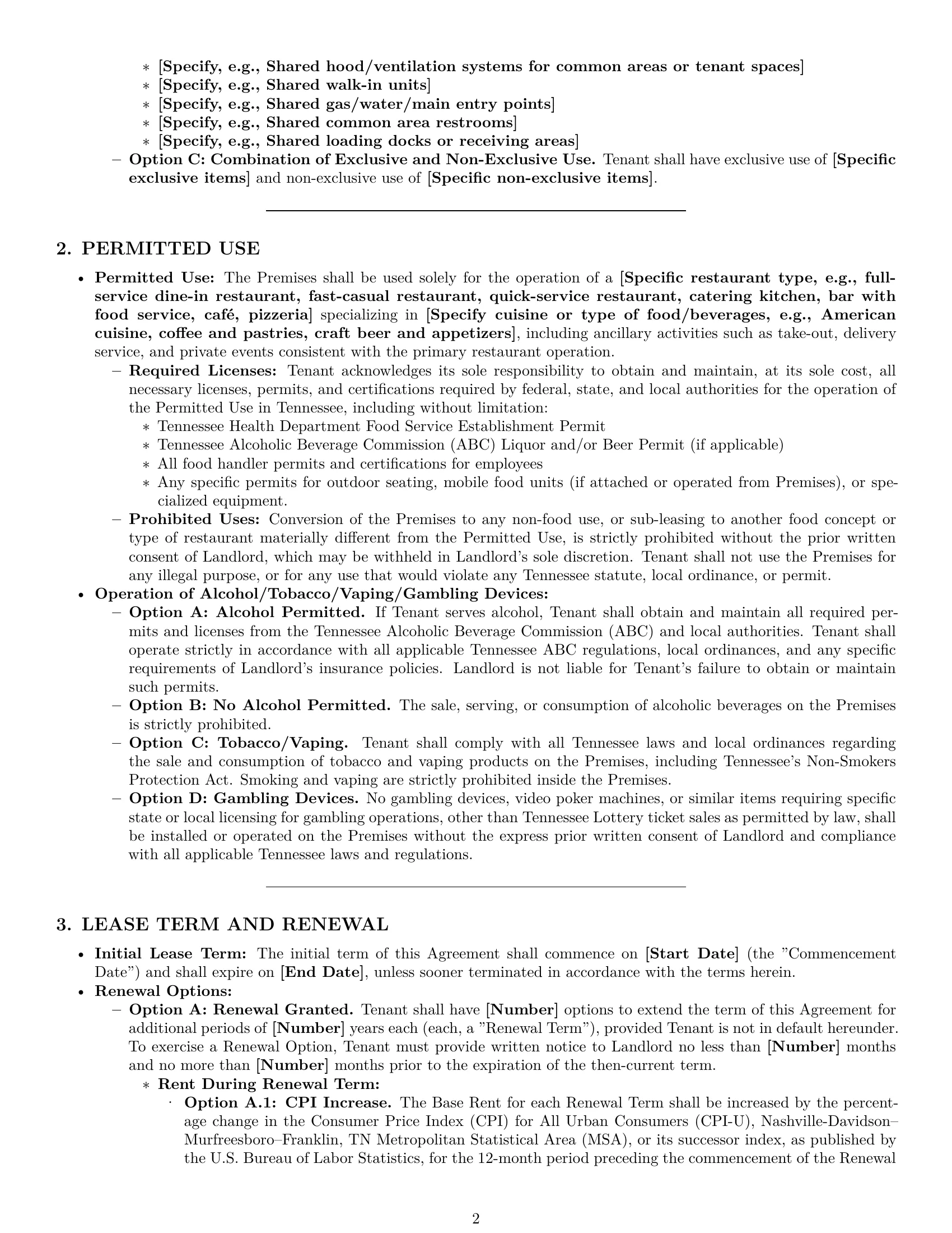 Preview page 2 of Pro Tennessee restaurant lease agreement template