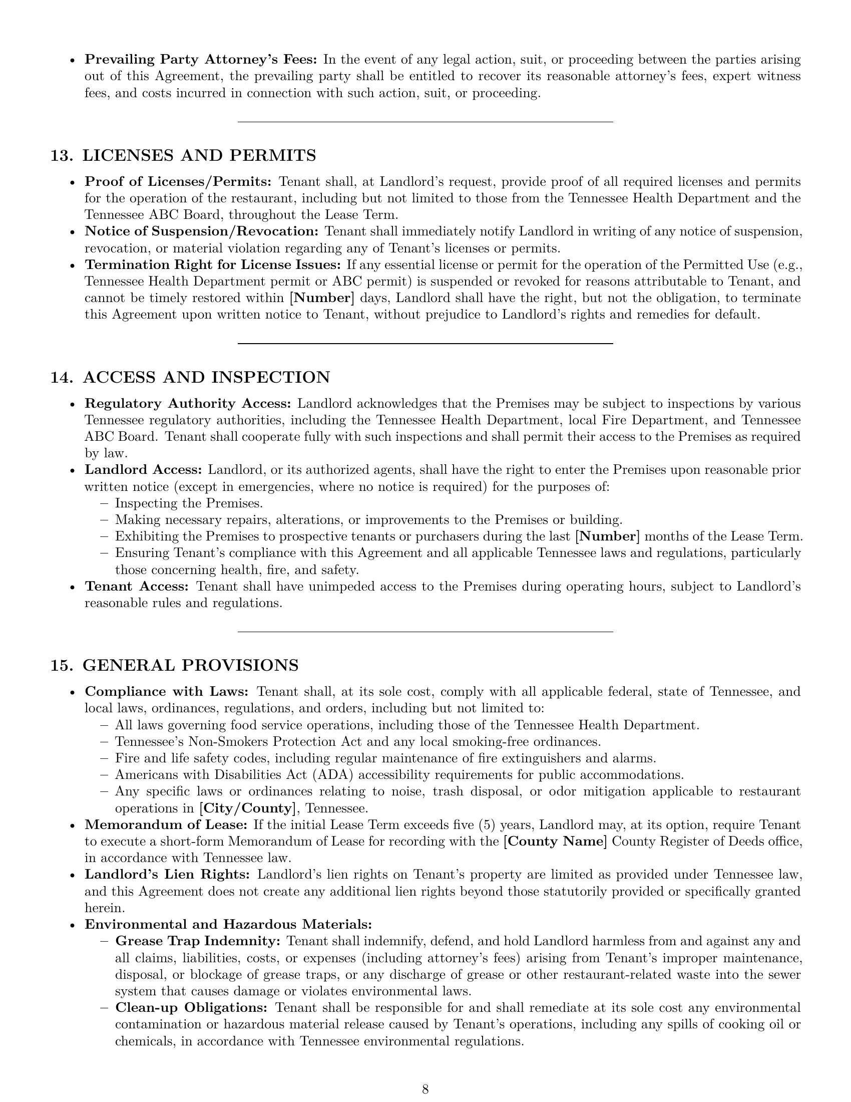 Preview page 8 of Pro Tennessee restaurant lease agreement template