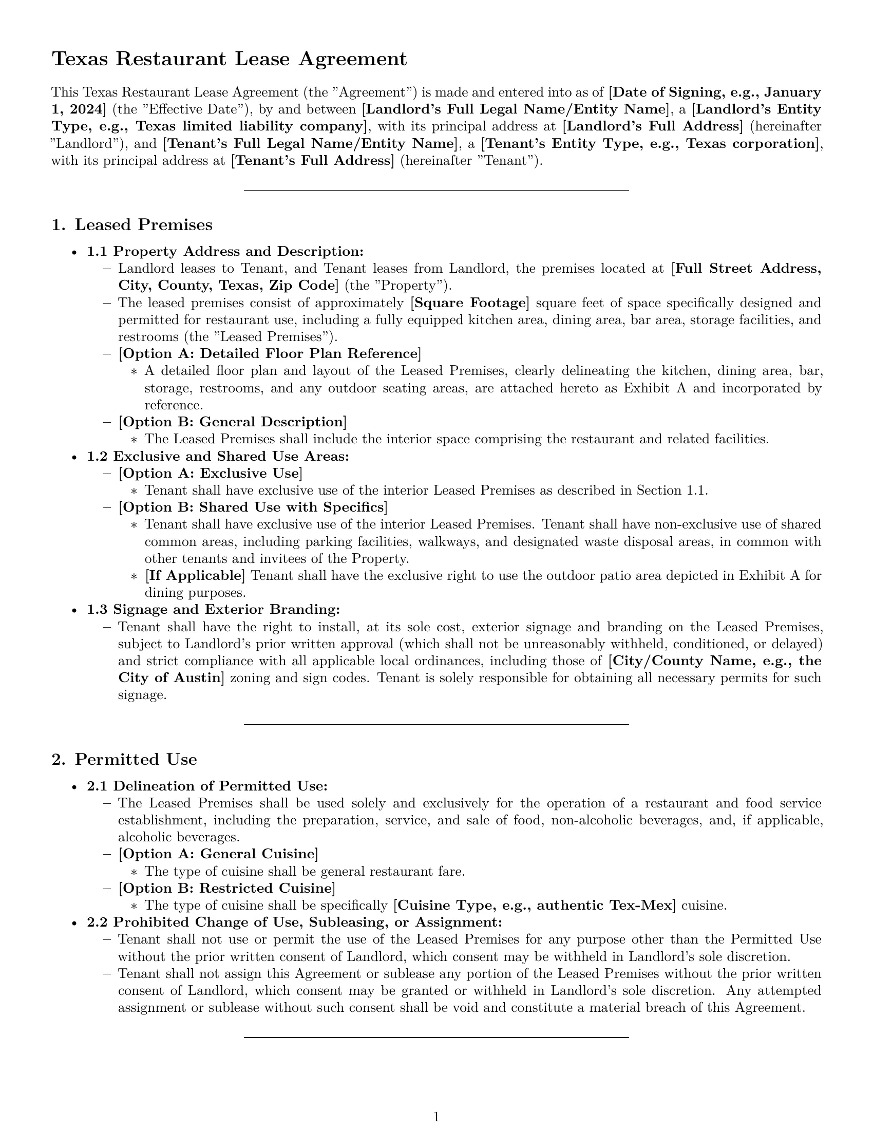 Preview page 1 of Pro Texas restaurant lease agreement template