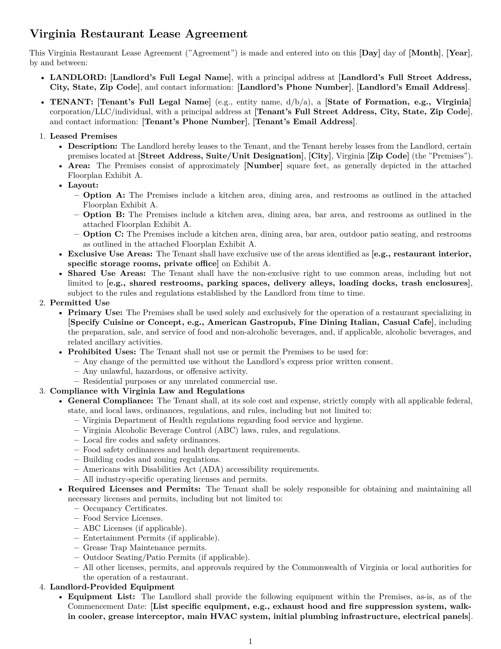 Preview page 1 of Pro Virginia restaurant lease agreement template