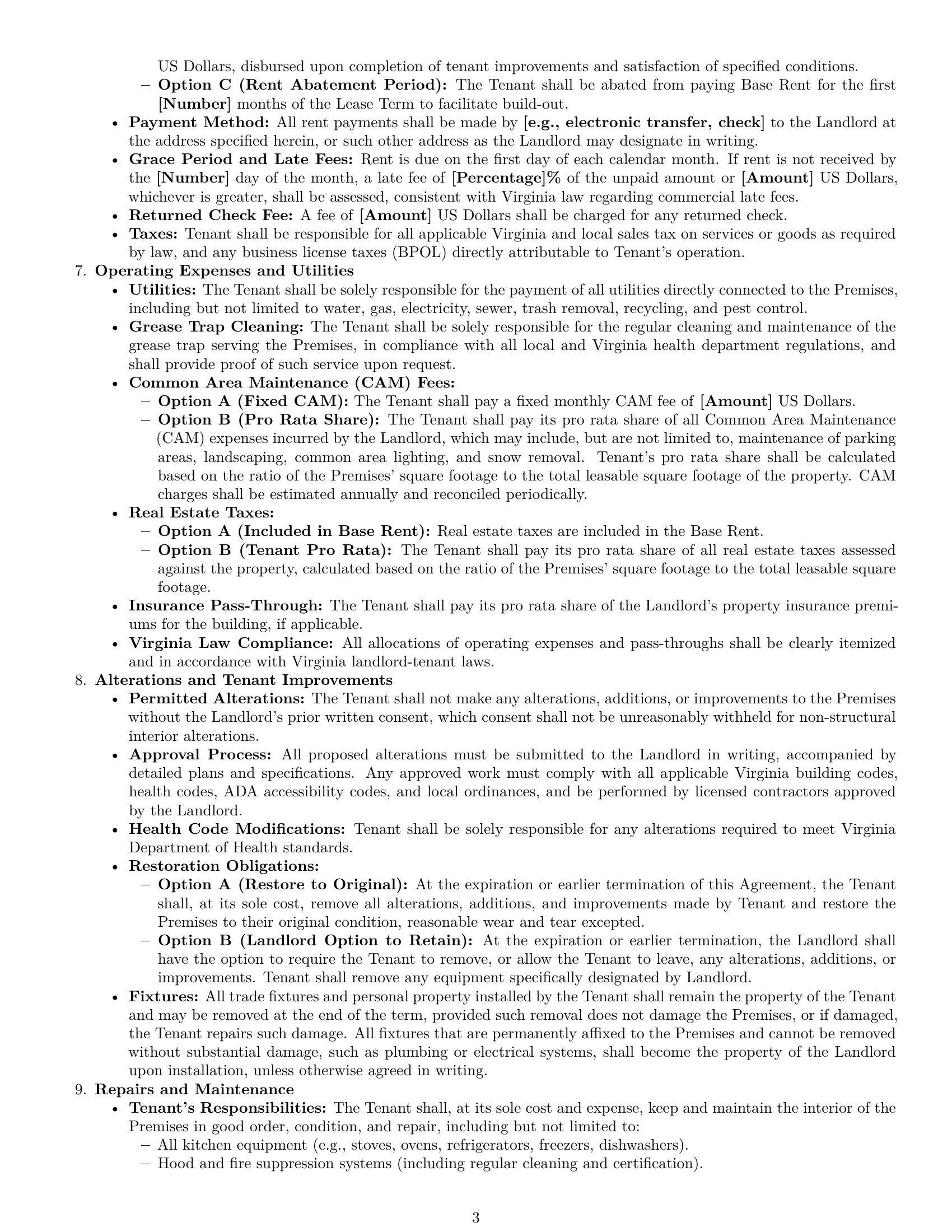 Preview page 3 of Pro Virginia restaurant lease agreement template
