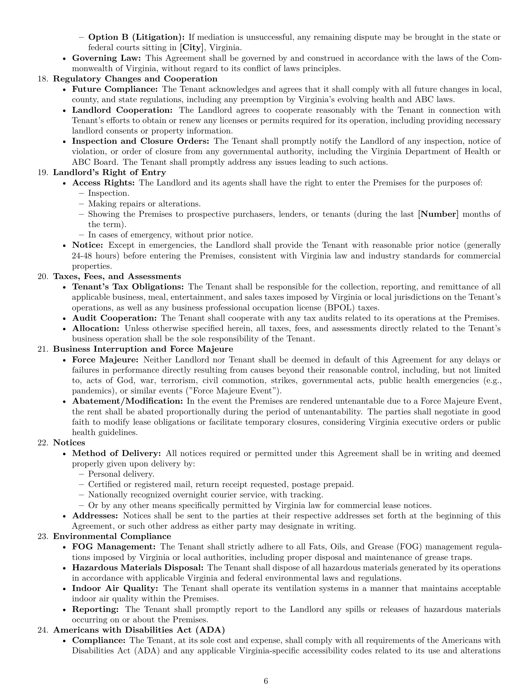 Preview page 6 of Pro Virginia restaurant lease agreement template