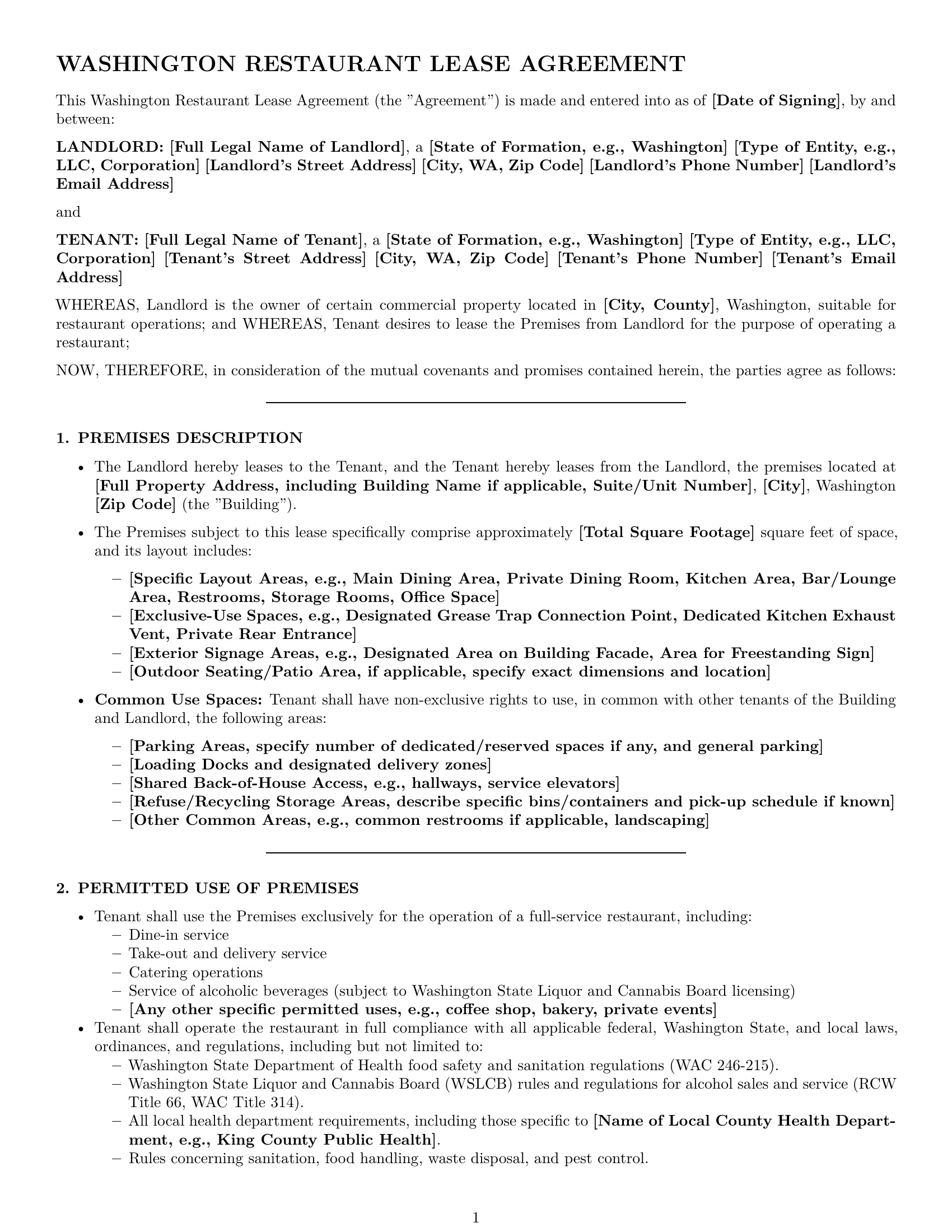 Preview page 1 of Pro Washington restaurant lease agreement template