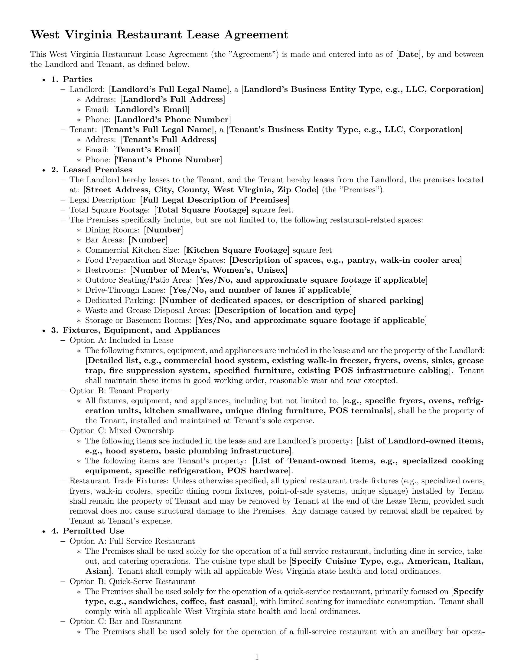 Preview page 1 of Pro West Virginia restaurant lease agreement template
